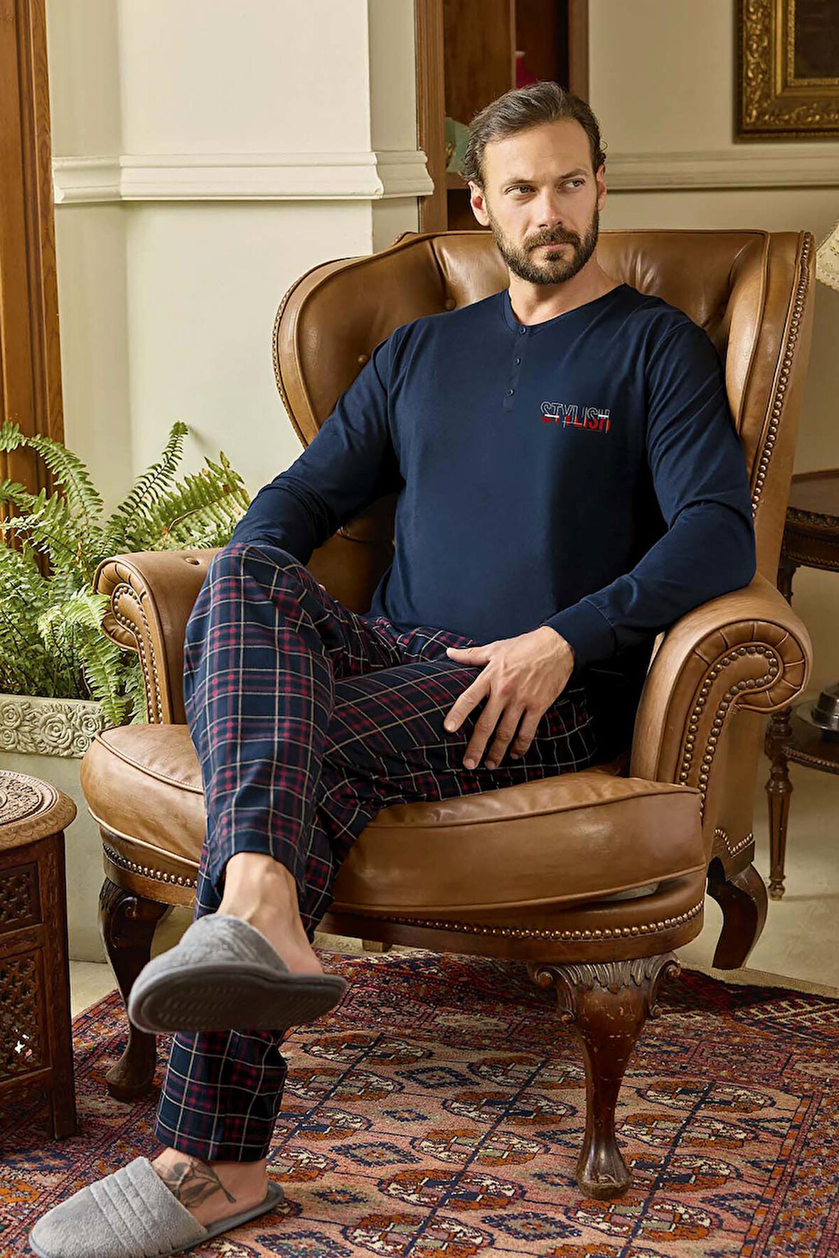 Erkek Aydoğan Pamuk Uzun Kol Pijama Takımı 250452 Lacivert01 | XL