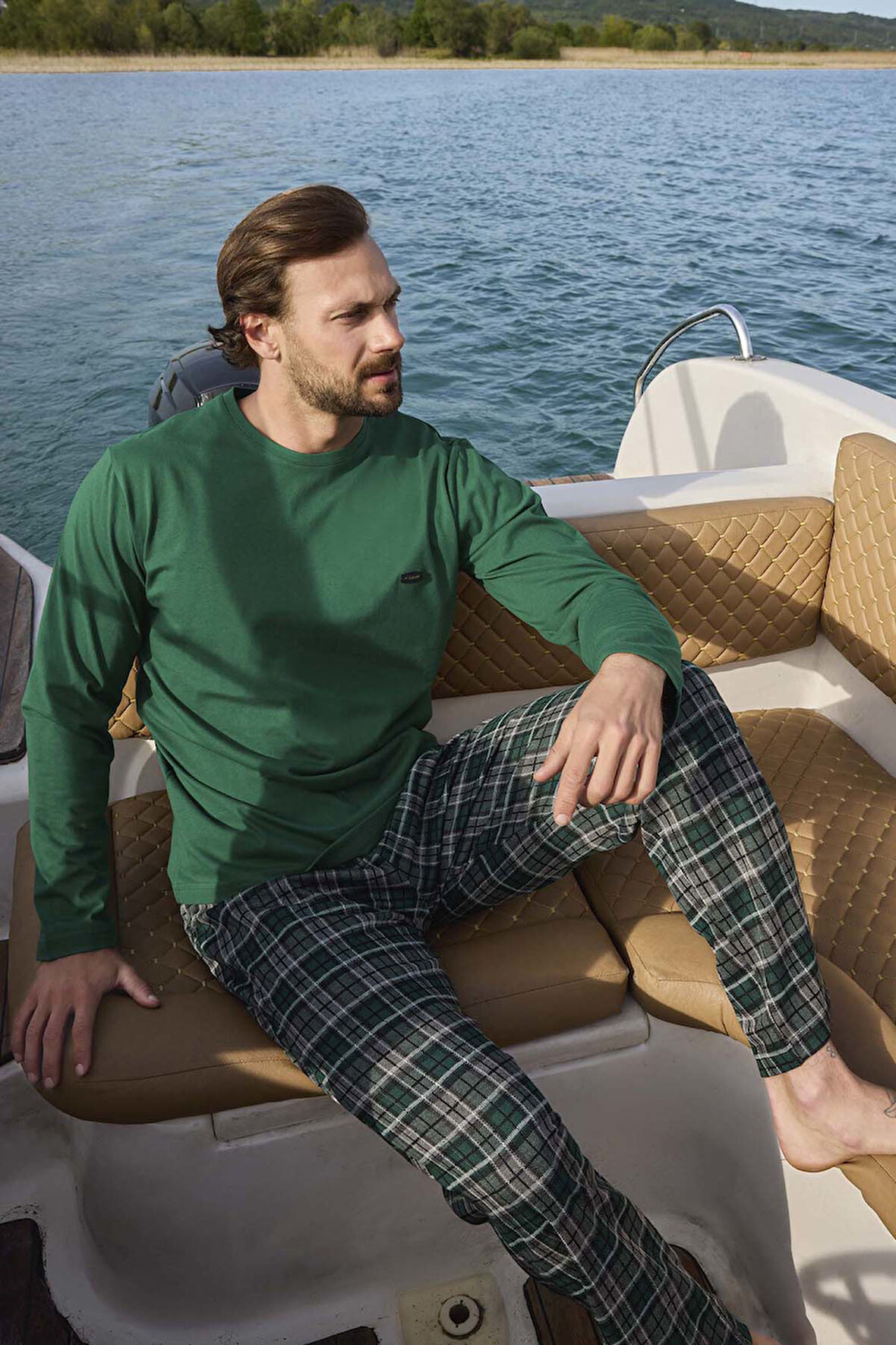 Erkek Jakarlı Uzun Kol Pijama Takımı 3452 Yeşil | XL