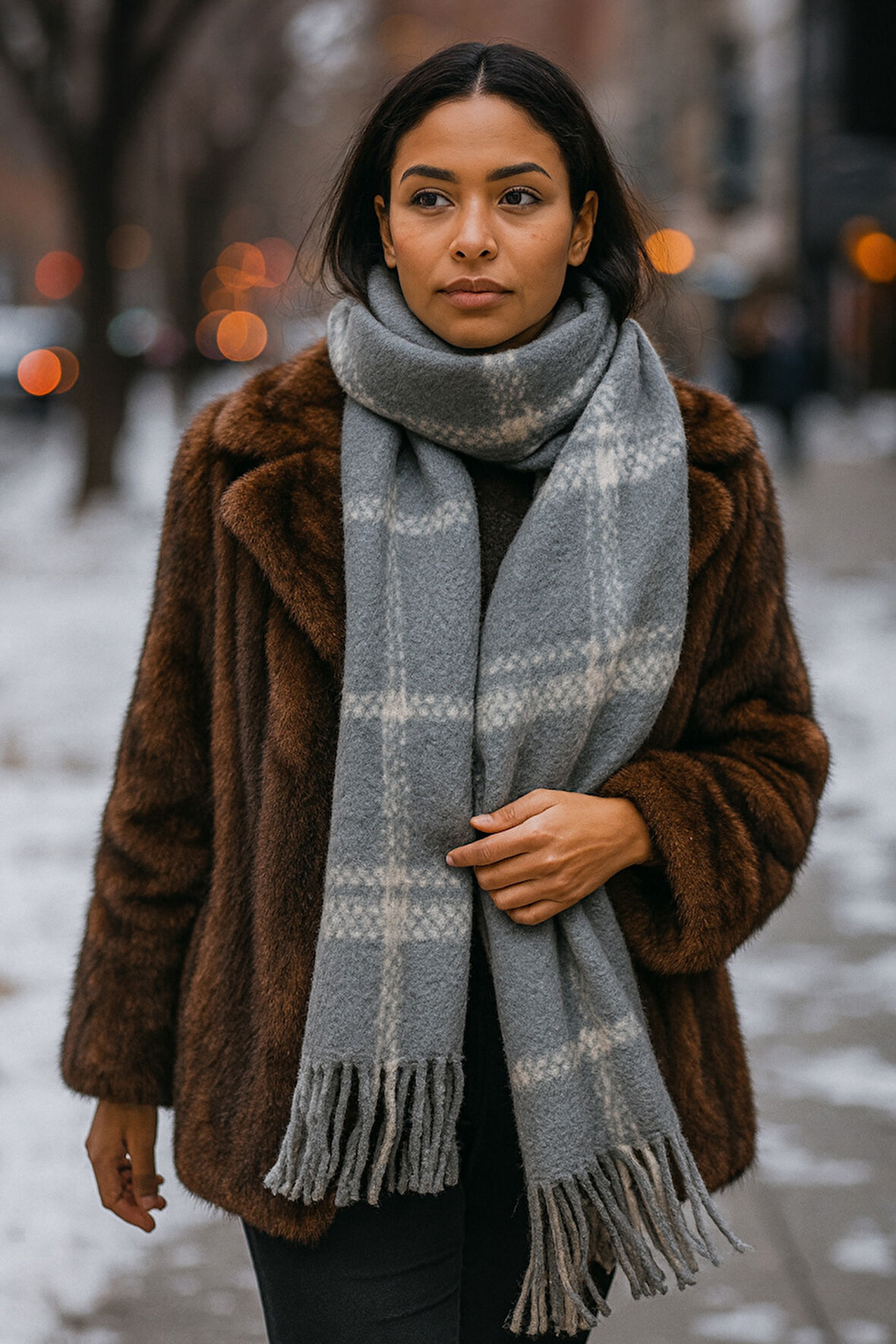 Ekose Desenli Atkı Omuz Şalı 45x200 cm 1294 Antrasit | Standart