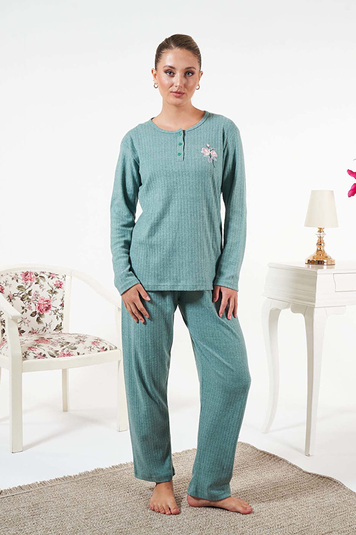 Kadın İnterlok Şardonlu Fitilli Pijama Takımı 25330 Mint | L