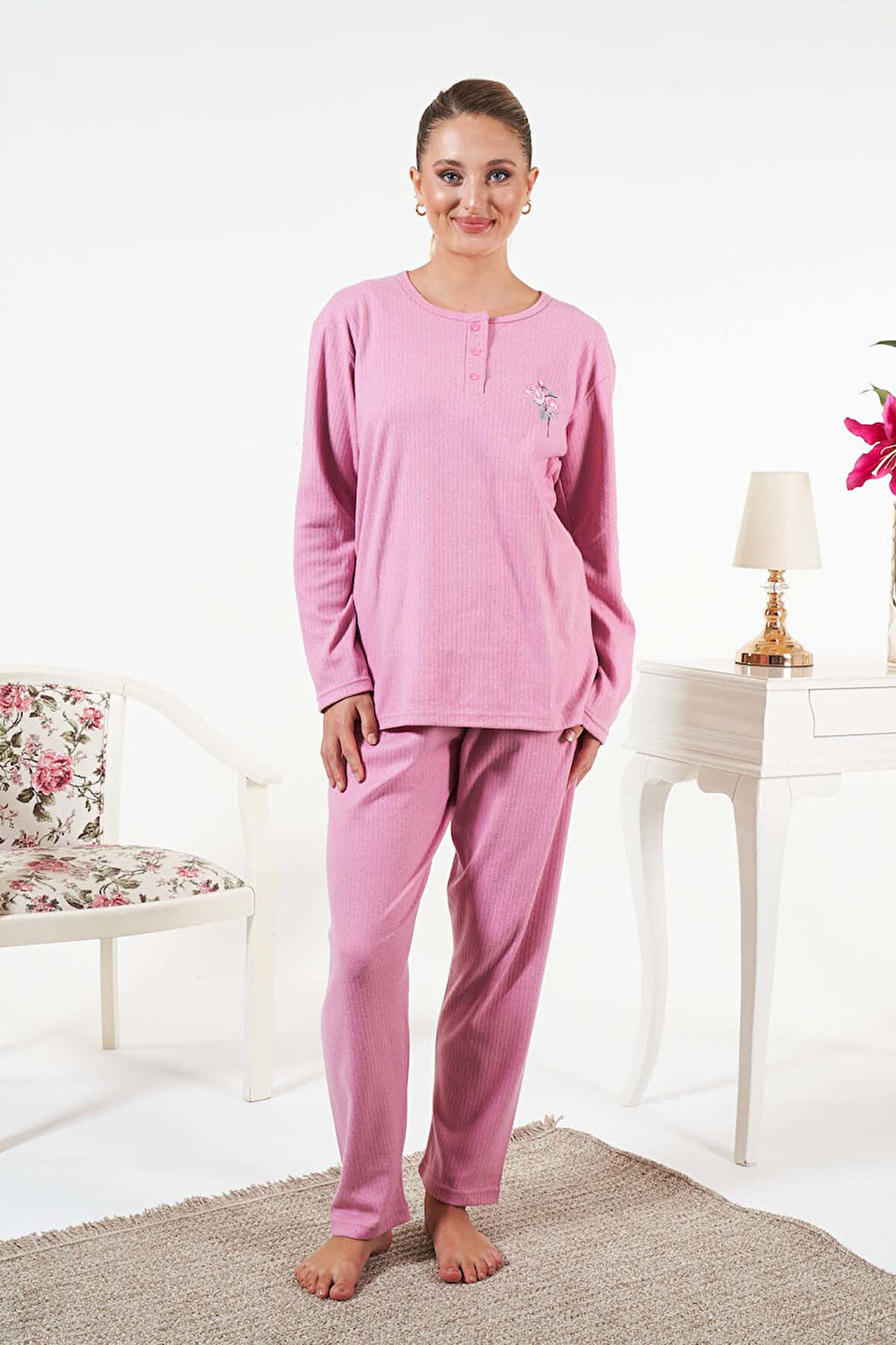 Kadın İnterlok Şardonlu Fitilli Pijama Takımı 25330 Pembe | XXL