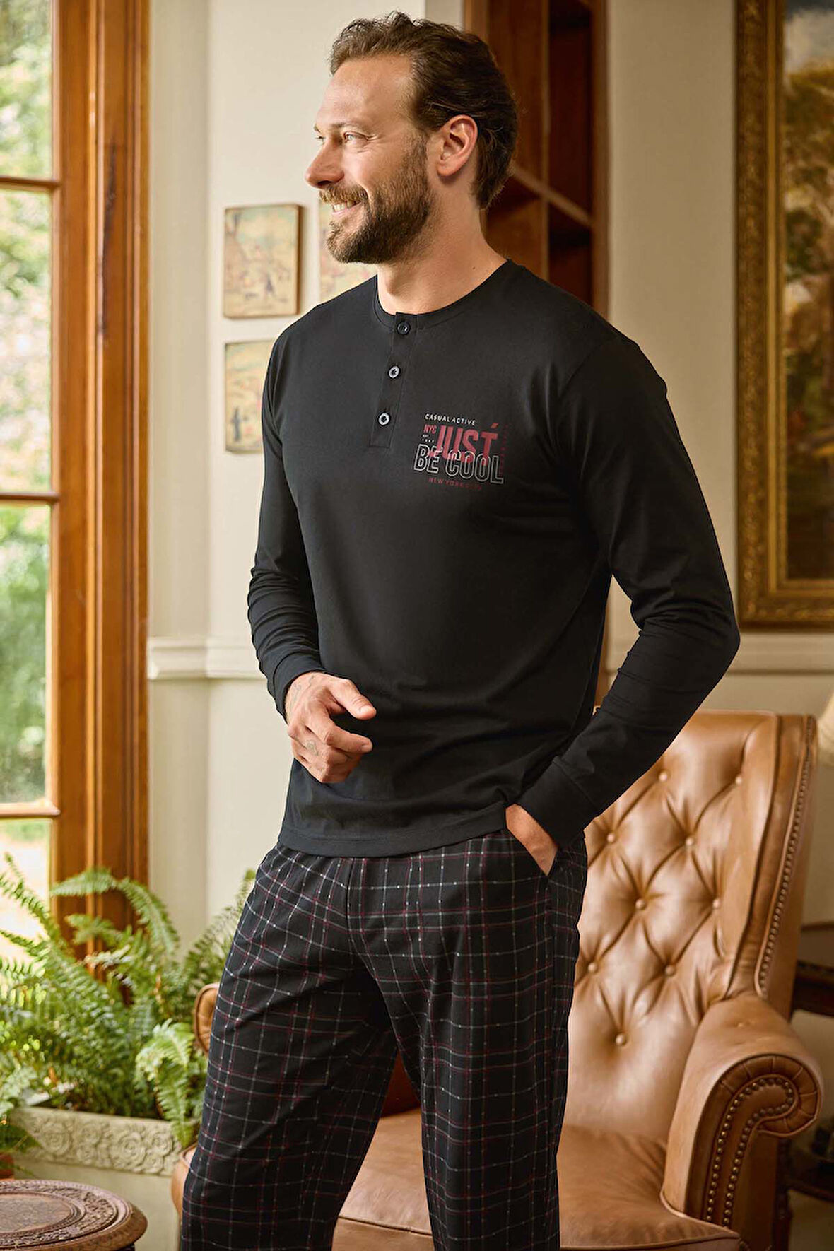 Erkek Aydoğan Pamuk Uzun Kol Pijama Takımı 240798 Siyah | L