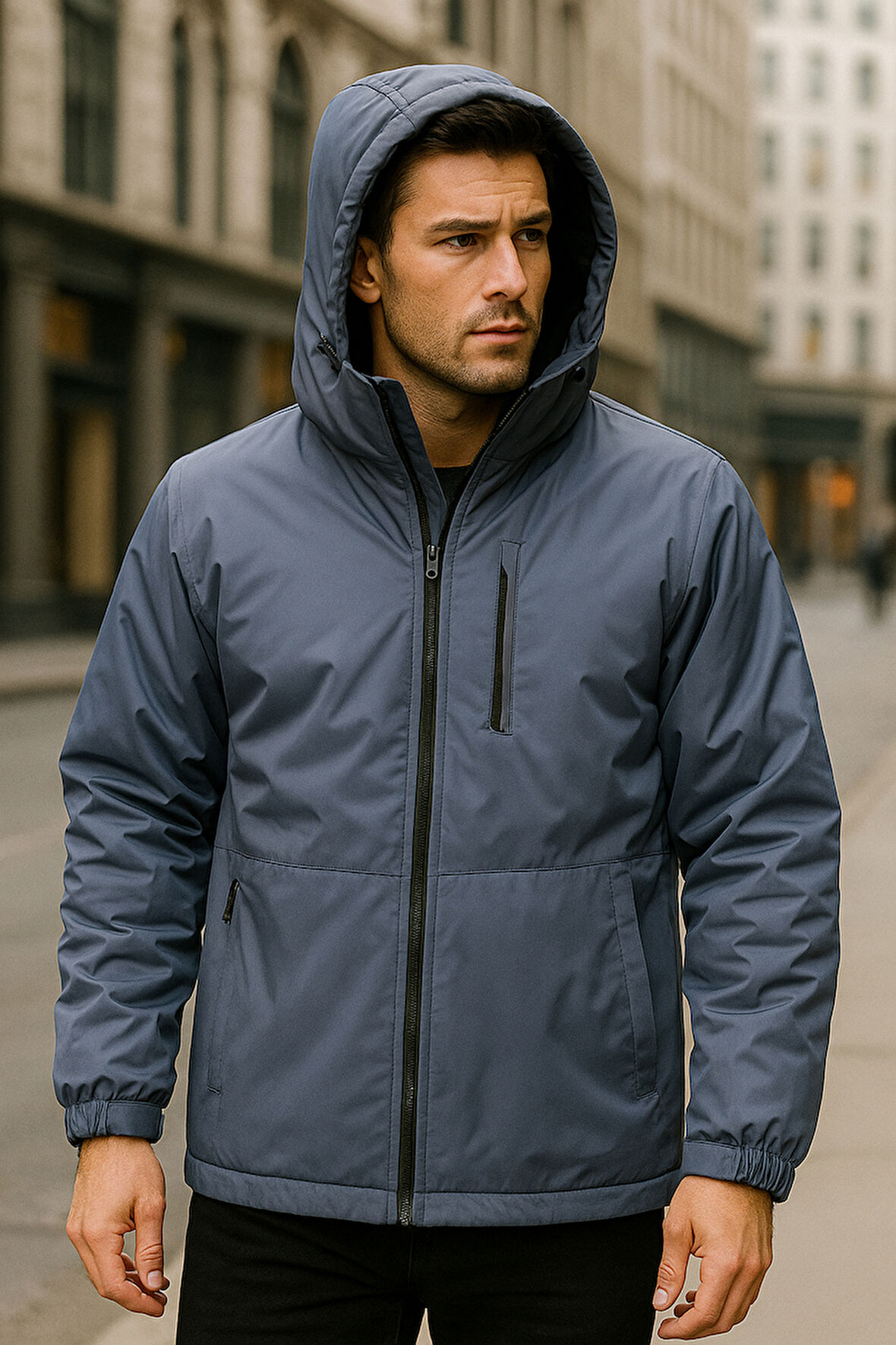 Erkek Kapüşonlu Cep Detaylı İçi Polar Kışlık Mont 2571 Füme | L