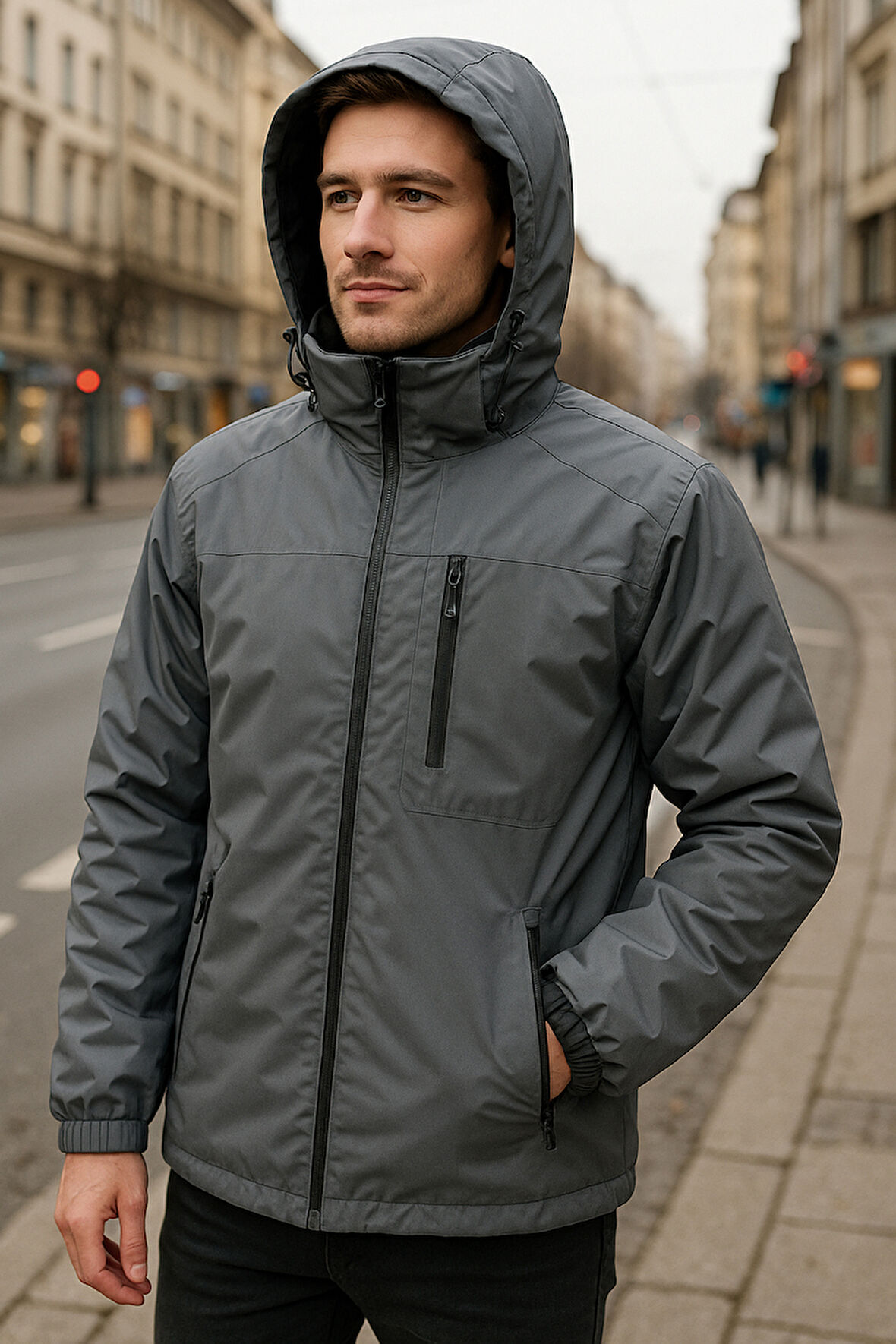 Erkek Kapüşonlu Cep Detaylı İçi Polar Kışlık Mont 2540 Füme | XL