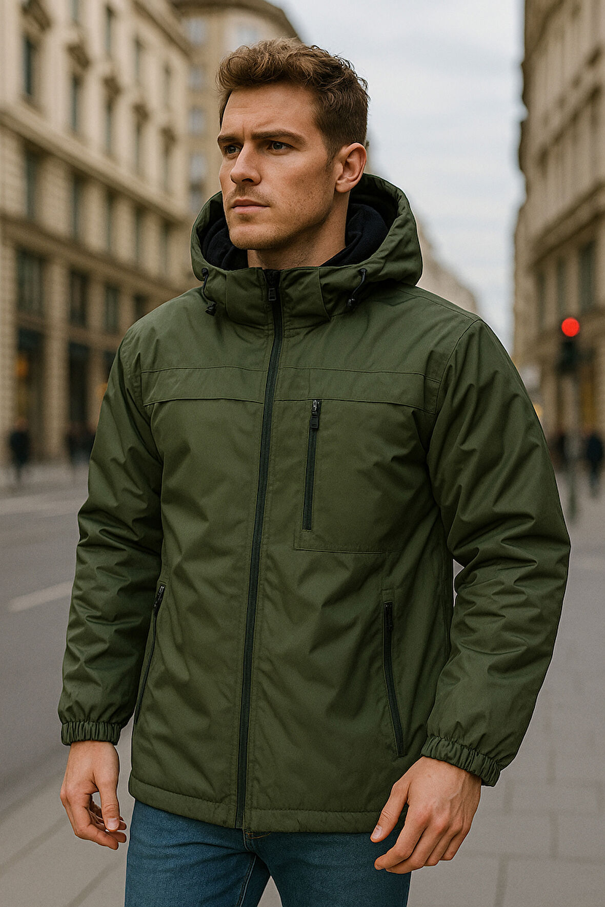 Erkek Kapüşonlu Cep Detaylı İçi Polar Kışlık Mont 2540 Haki | L