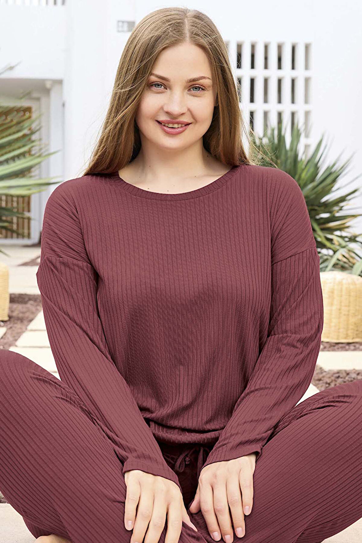 Büyük Beden Viskon Kadın Uzun Kol Pijama Takımı 250470 Mürdüm01 | 3XL