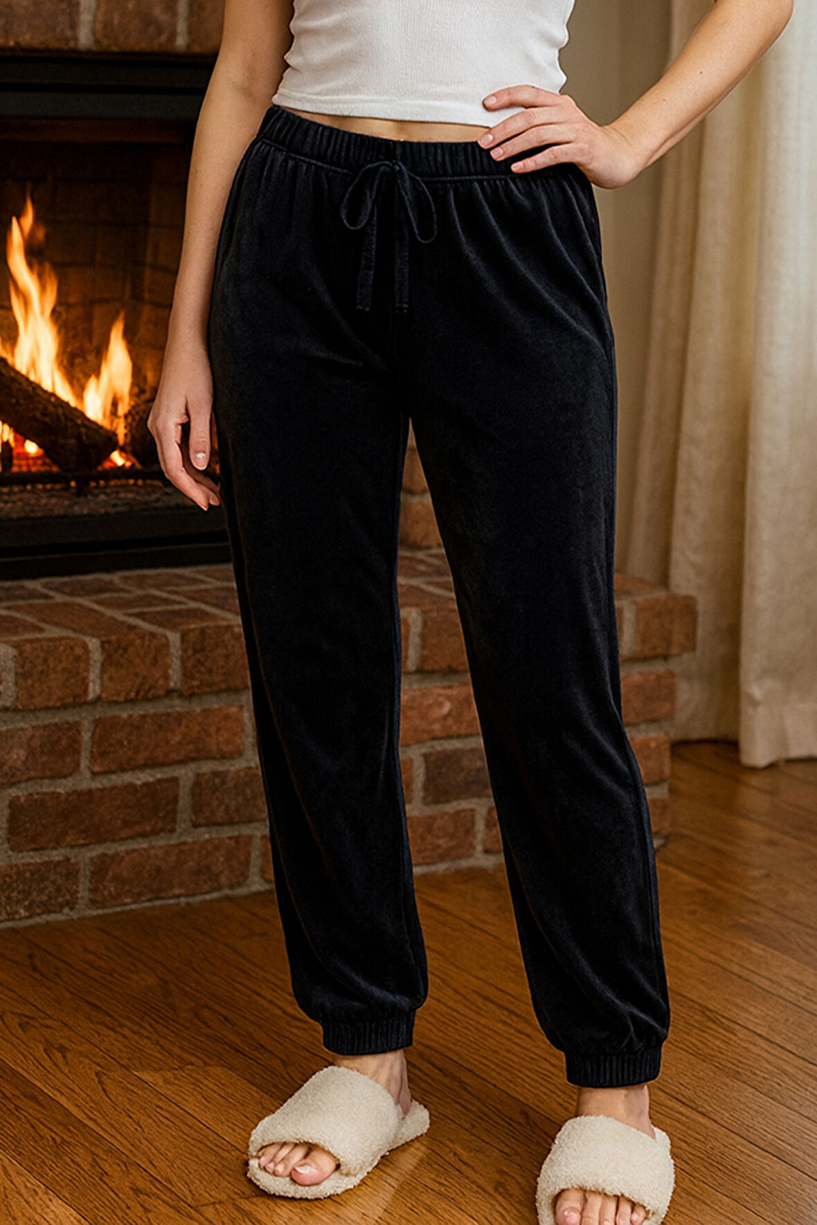 Kadın Paçası Lastikli Cep Detaylı Kadife Kumaş Tek Alt 503 Siyah | M