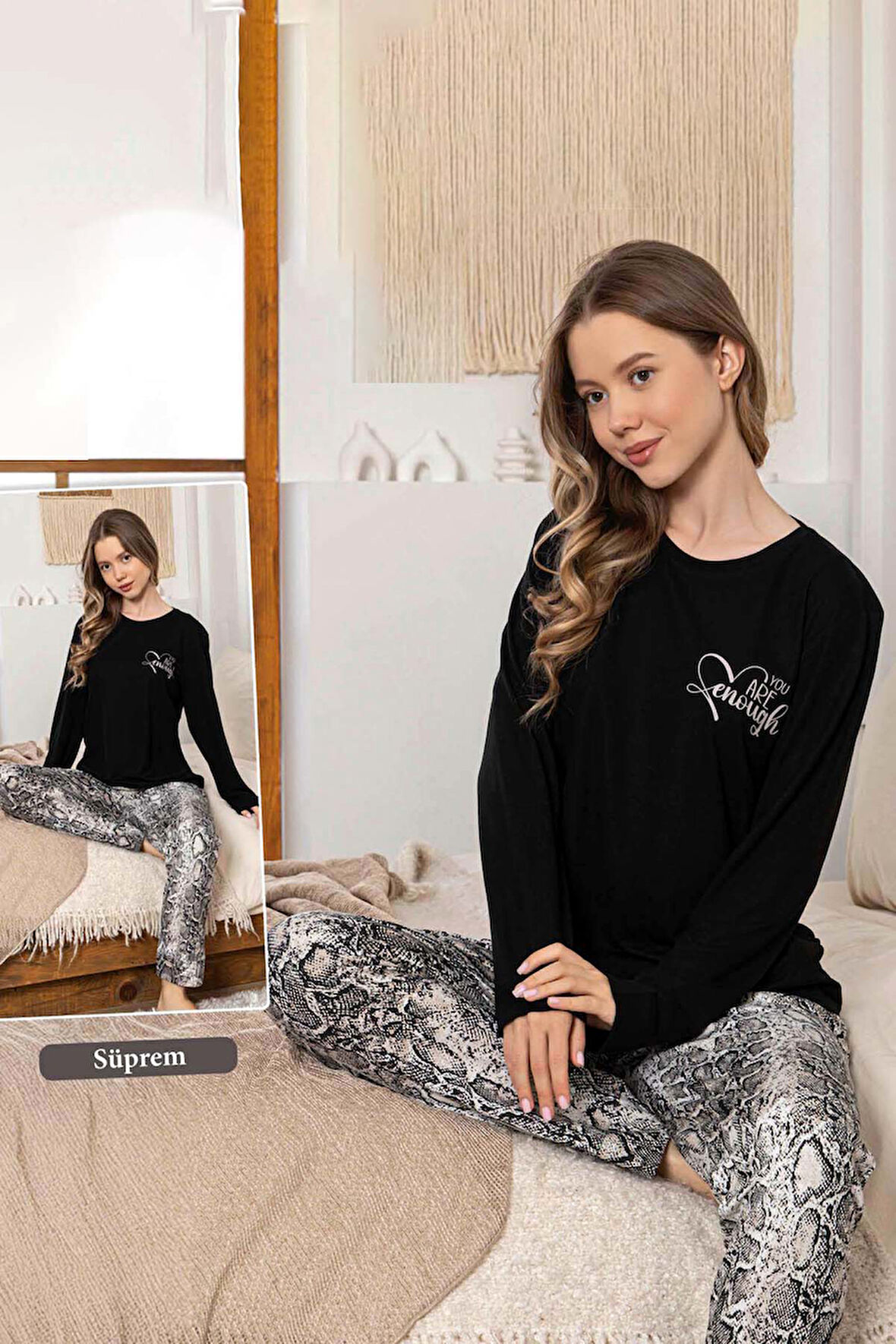 Kadın Yılan Desen Suprem Pijama Takımı 0330 Siyah | XL