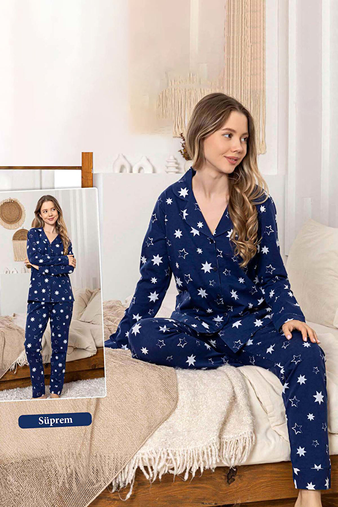 Kadın Yıldız Desen Düğmeli Suprem Pijama Takımı 0383 Lacivert01 | XXL