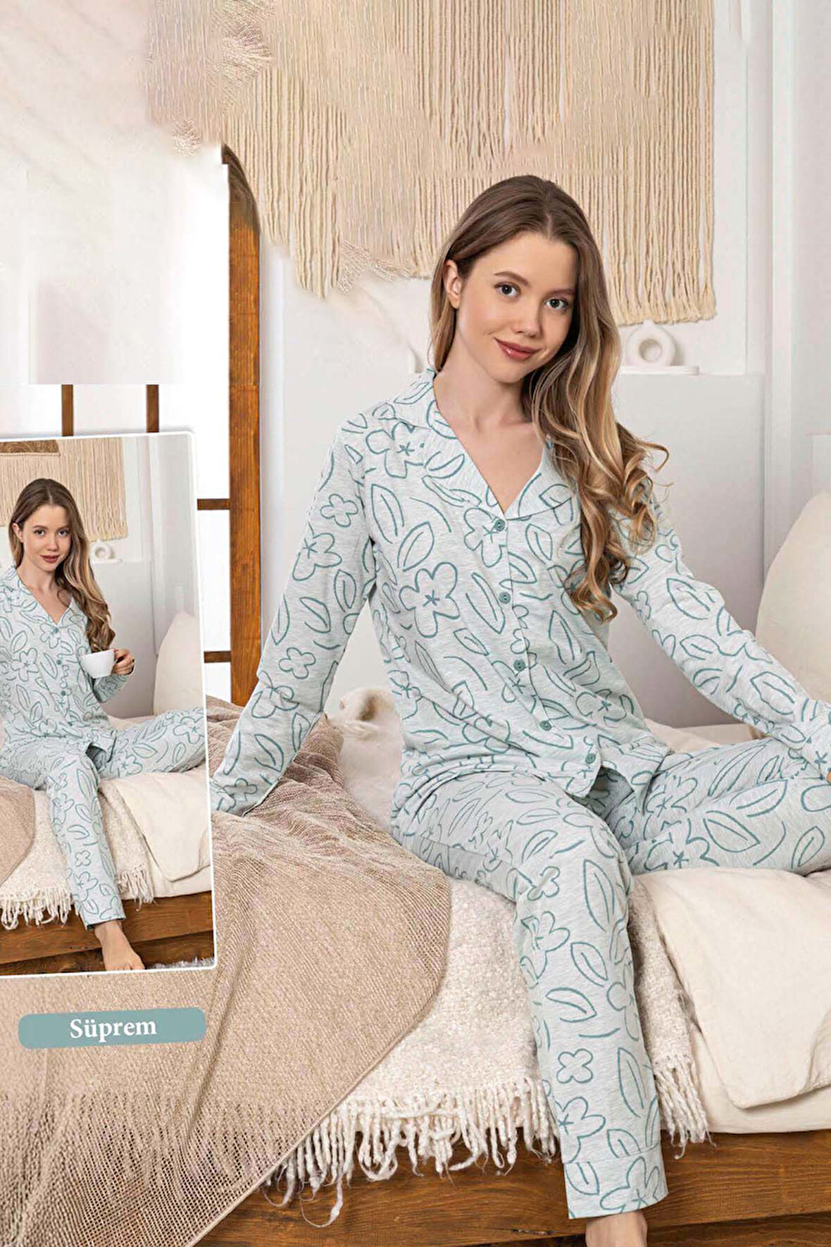 Kadın Çiçek Desen Düğmeli Suprem Pijama Takımı 0391 Mint | XXL