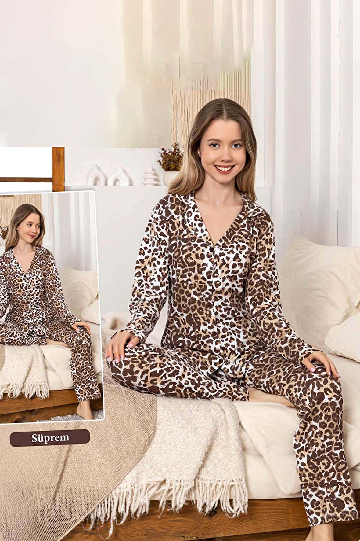 Kadın Leopar Desen Düğmeli Suprem Pijama Takımı 0397 Kahverengi | XL