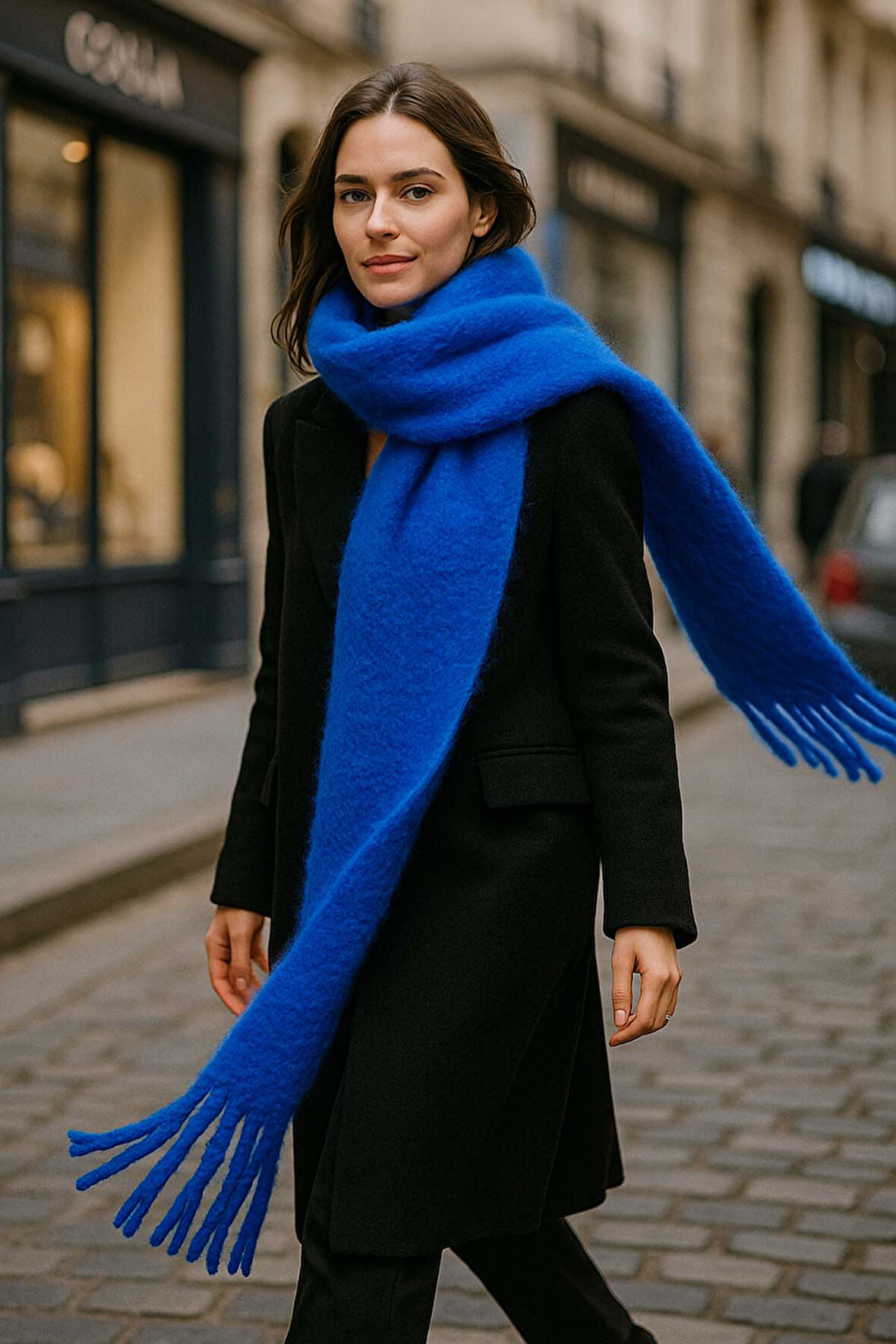 Kadın Püskül Detay Atkı Omuz Şalı 40x200 cm 1295 Saks Mavi  | Standart