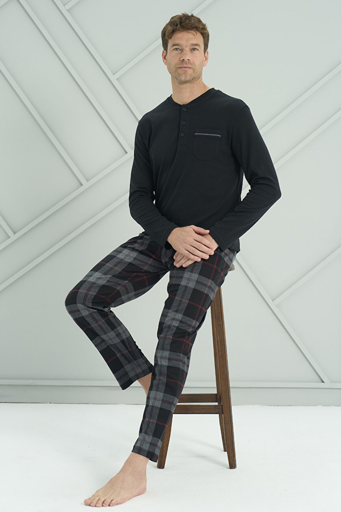 Erkek Interlok Penye Uzun Kol Pijama Takımı 2233 Siyah | M