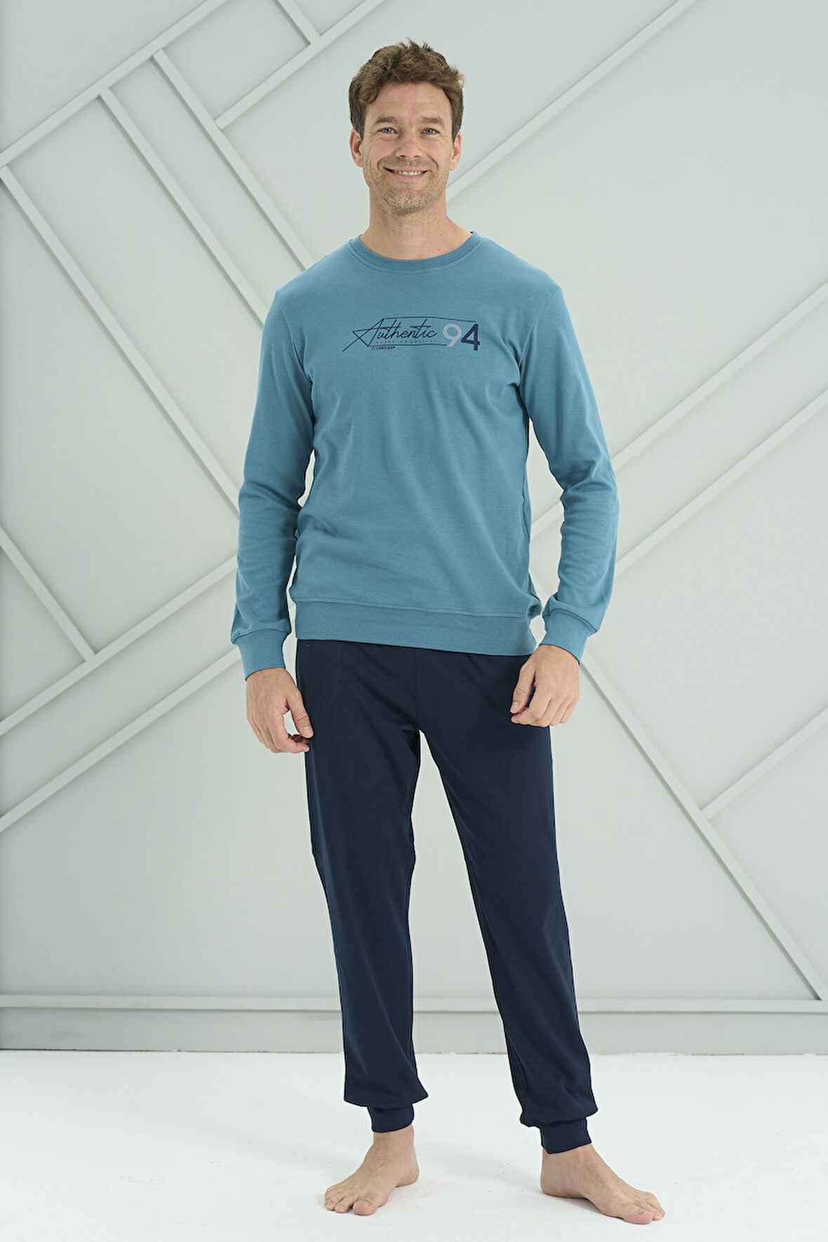 Erkek Interlok Penye Uzun Kol Pijama Takımı 2222 Petrol | L