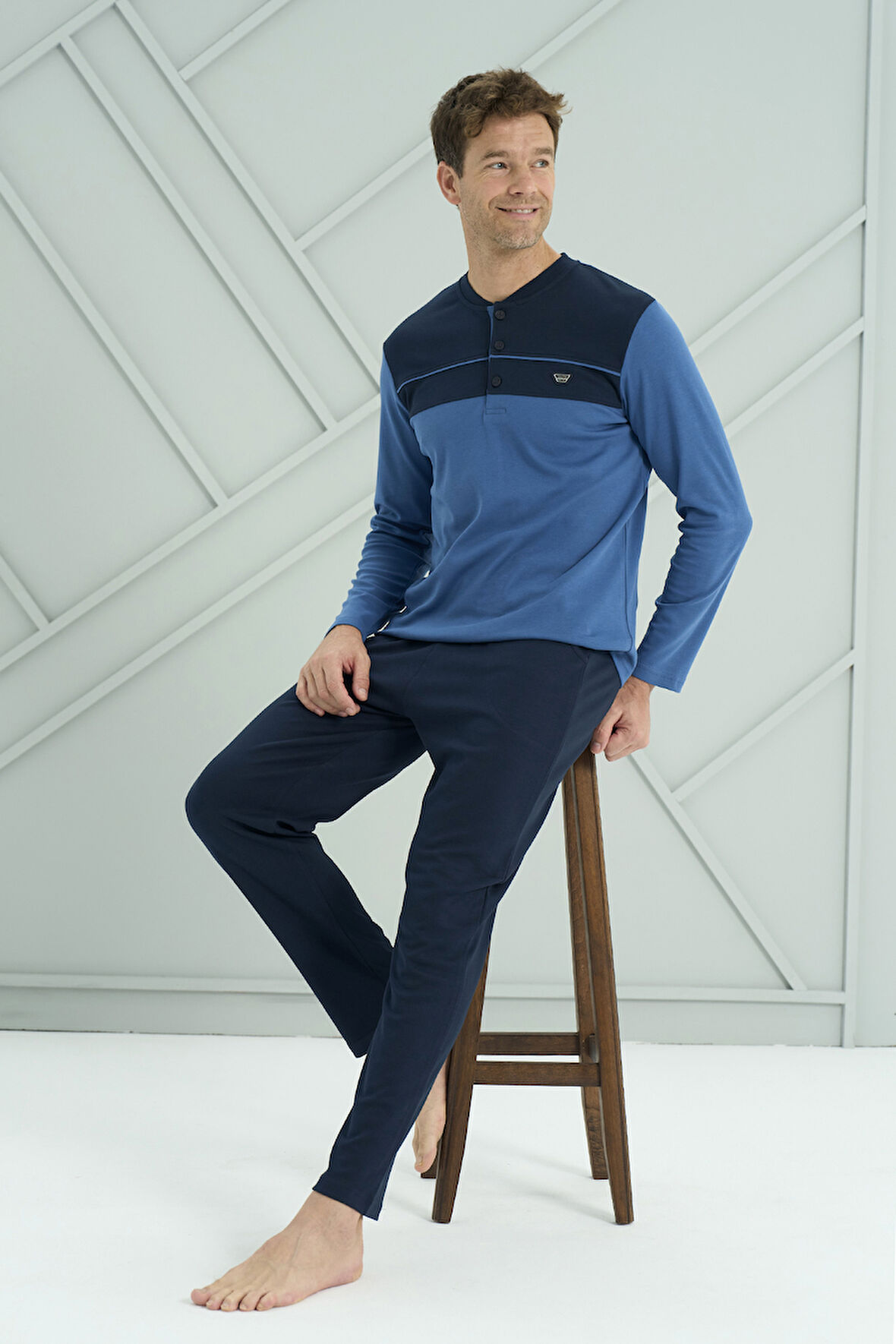 Erkek Interlok Penye Uzun Kol Pijama Takımı 2213 Saks | XL