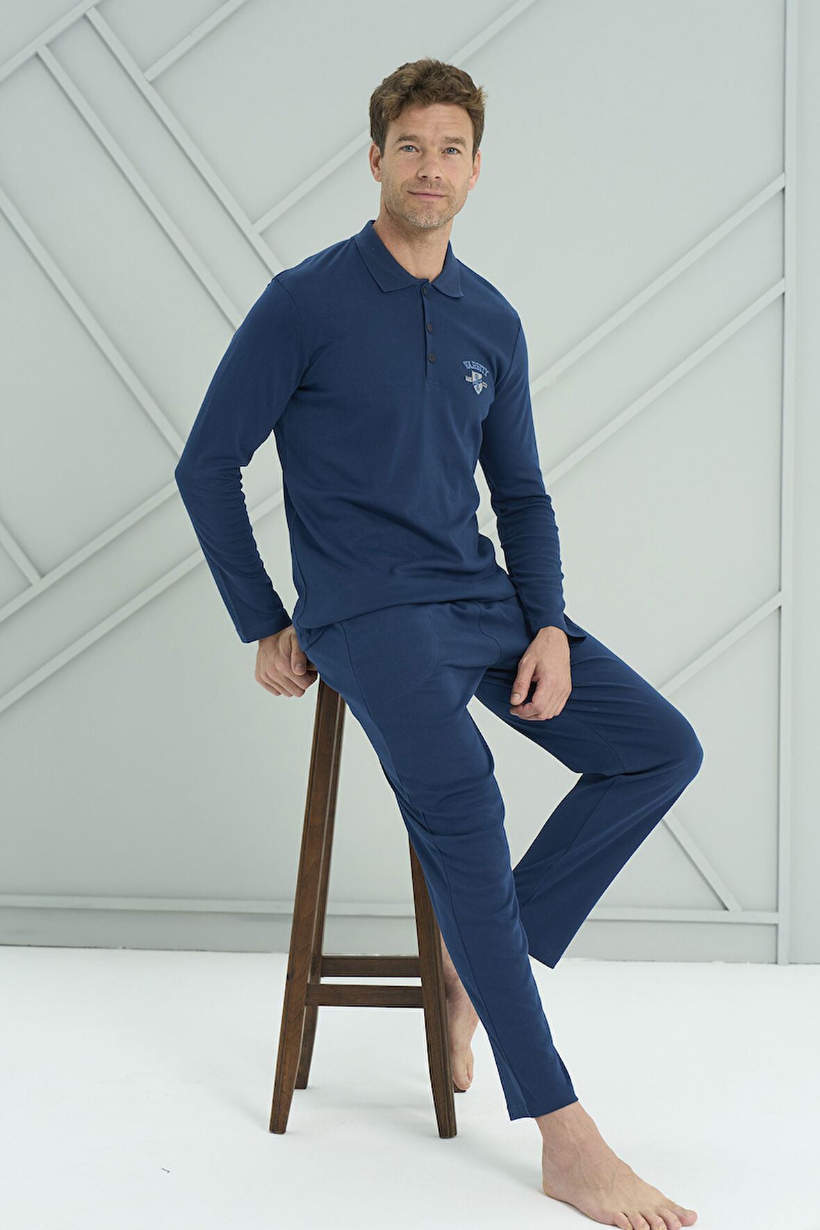 Erkek Interlok Penye Uzun Kol Pijama Takımı 2206 Açık Lacivert | XL