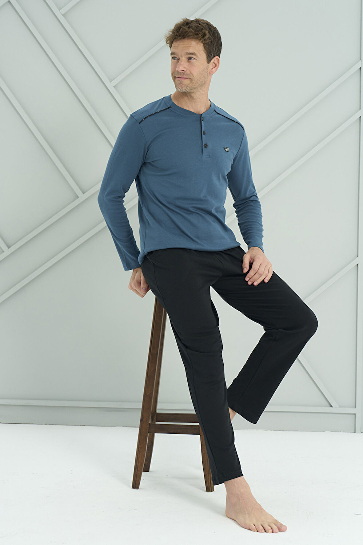 Erkek Interlok Penye Uzun Kol Pijama Takımı 2201 Petrol02 | L