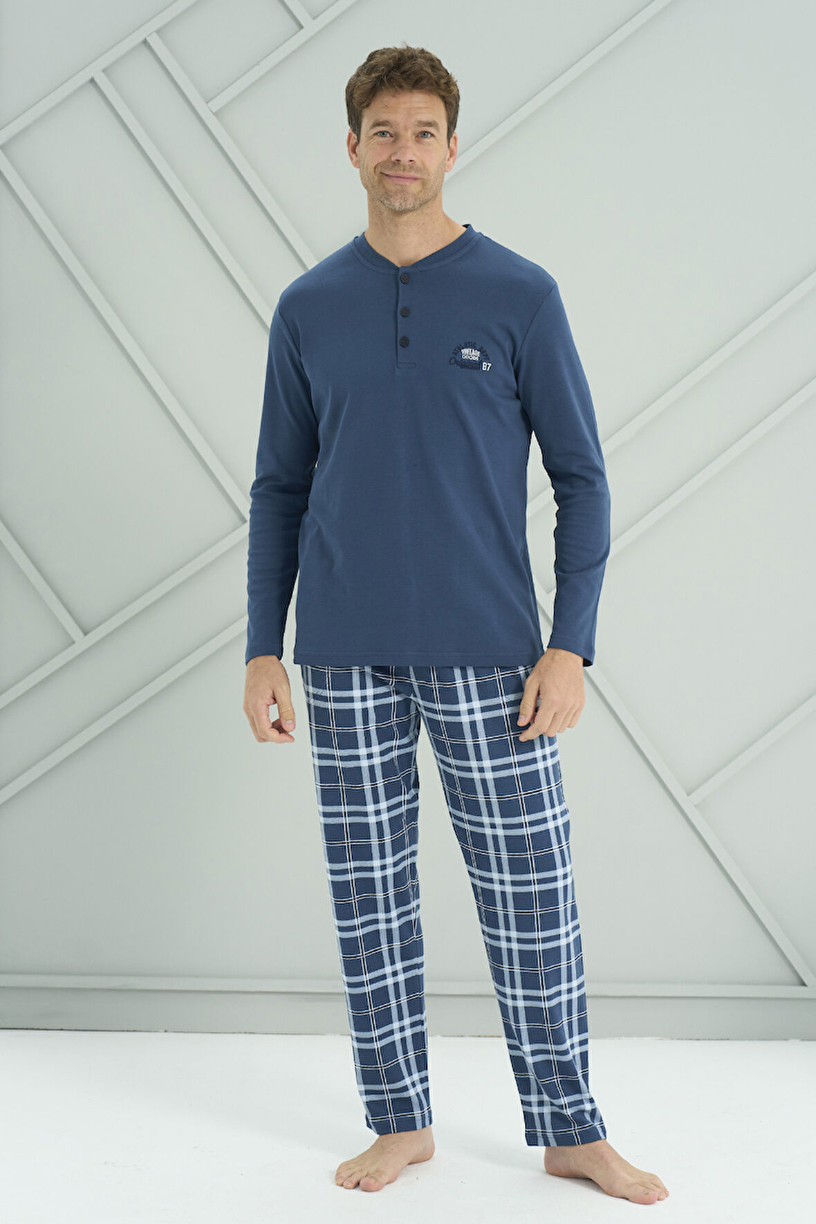 Erkek Interlok Penye Uzun Kol Pijama Takımı 2234 Petrol03 | M