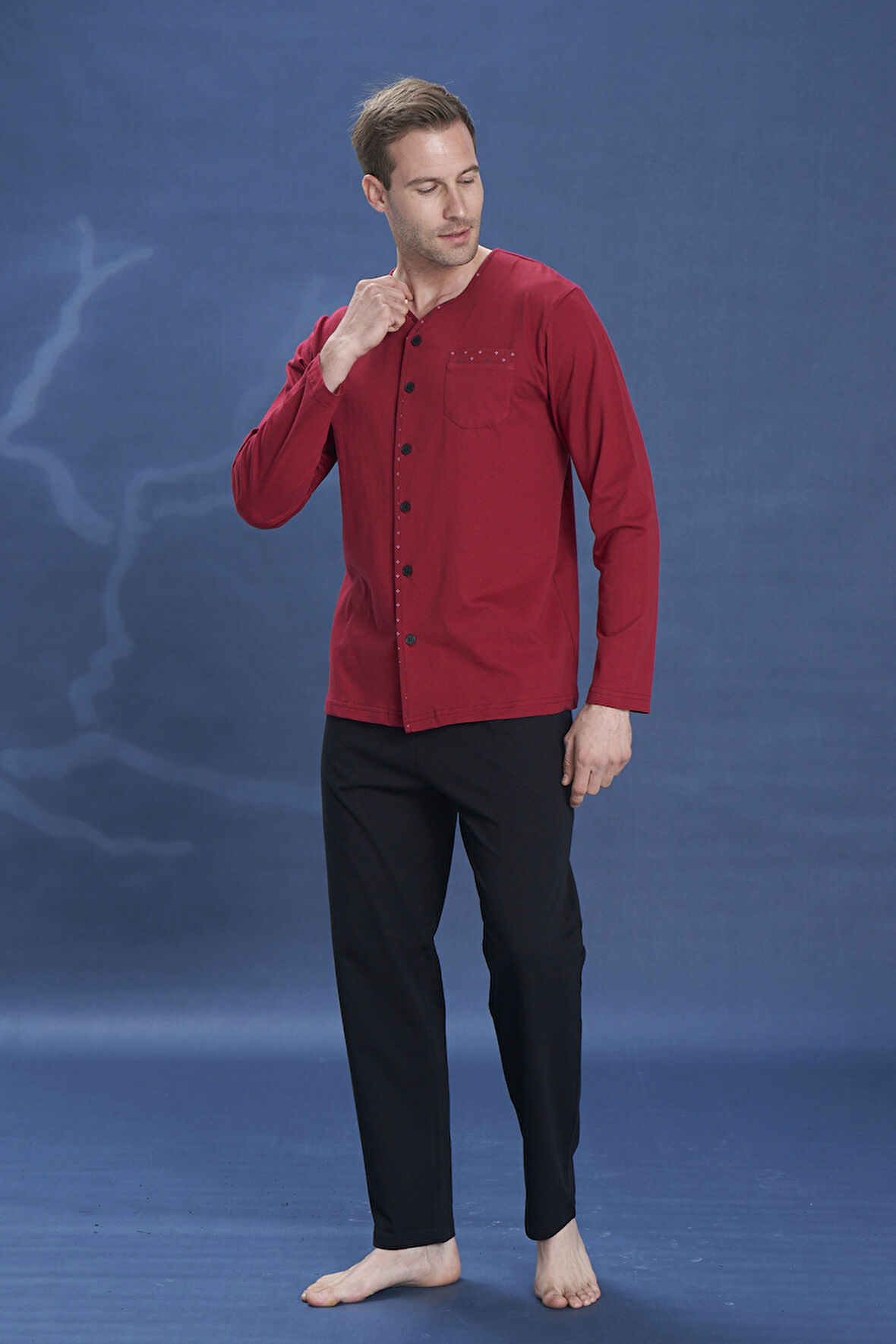 Büyük Beden Erkek Penye Uzun Kol Pijama Takımı 2141 Bordo | XXL