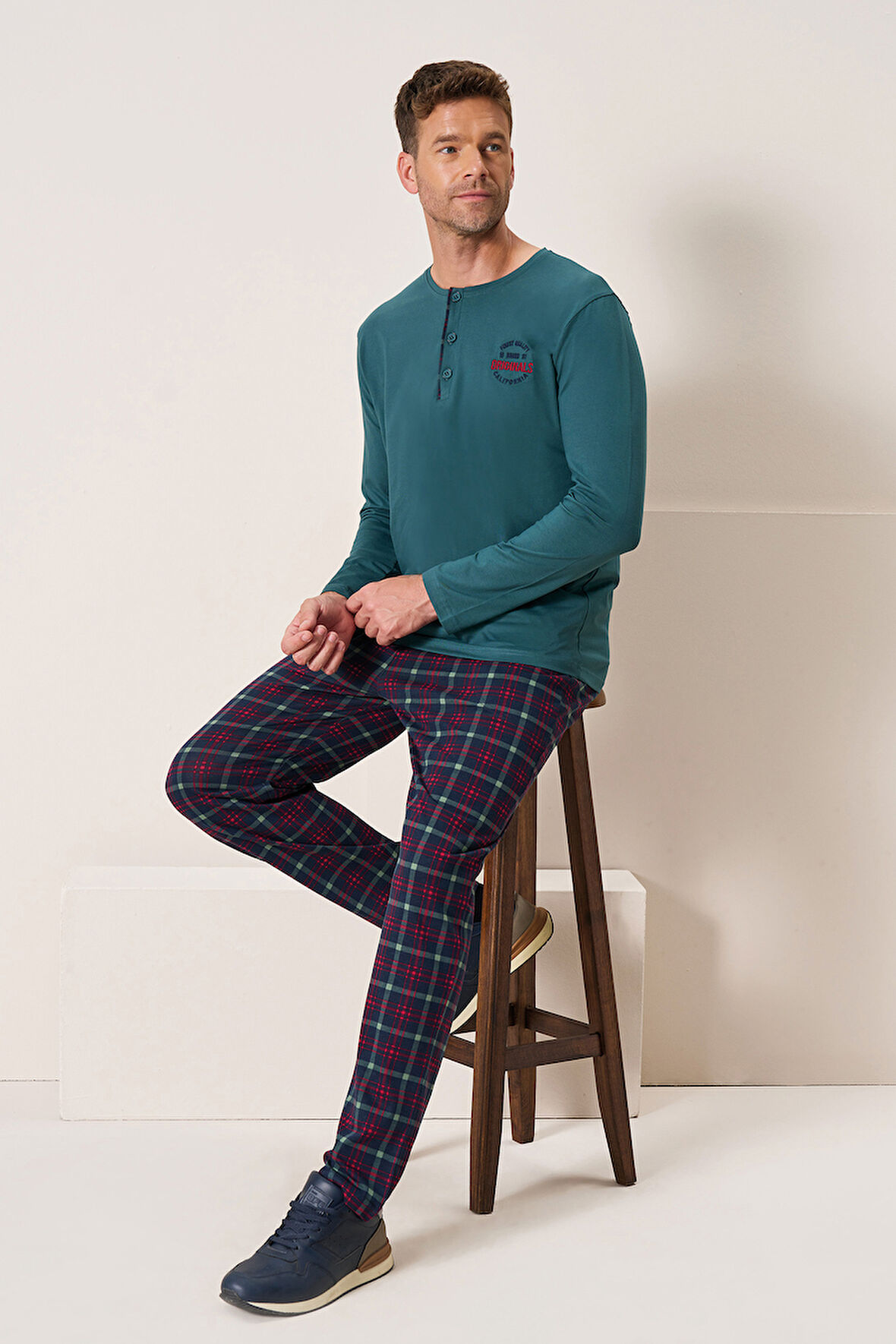 Erkek Penye Uzun Kol Pijama Takımı 3196 Zümrüt | L