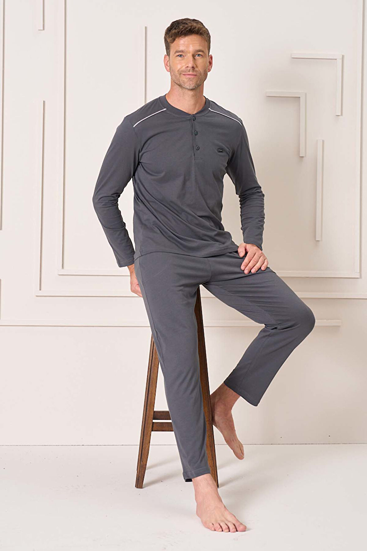 Erkek Pamuk Uzun Kol Pijama Takımı 4108 Füme | XL