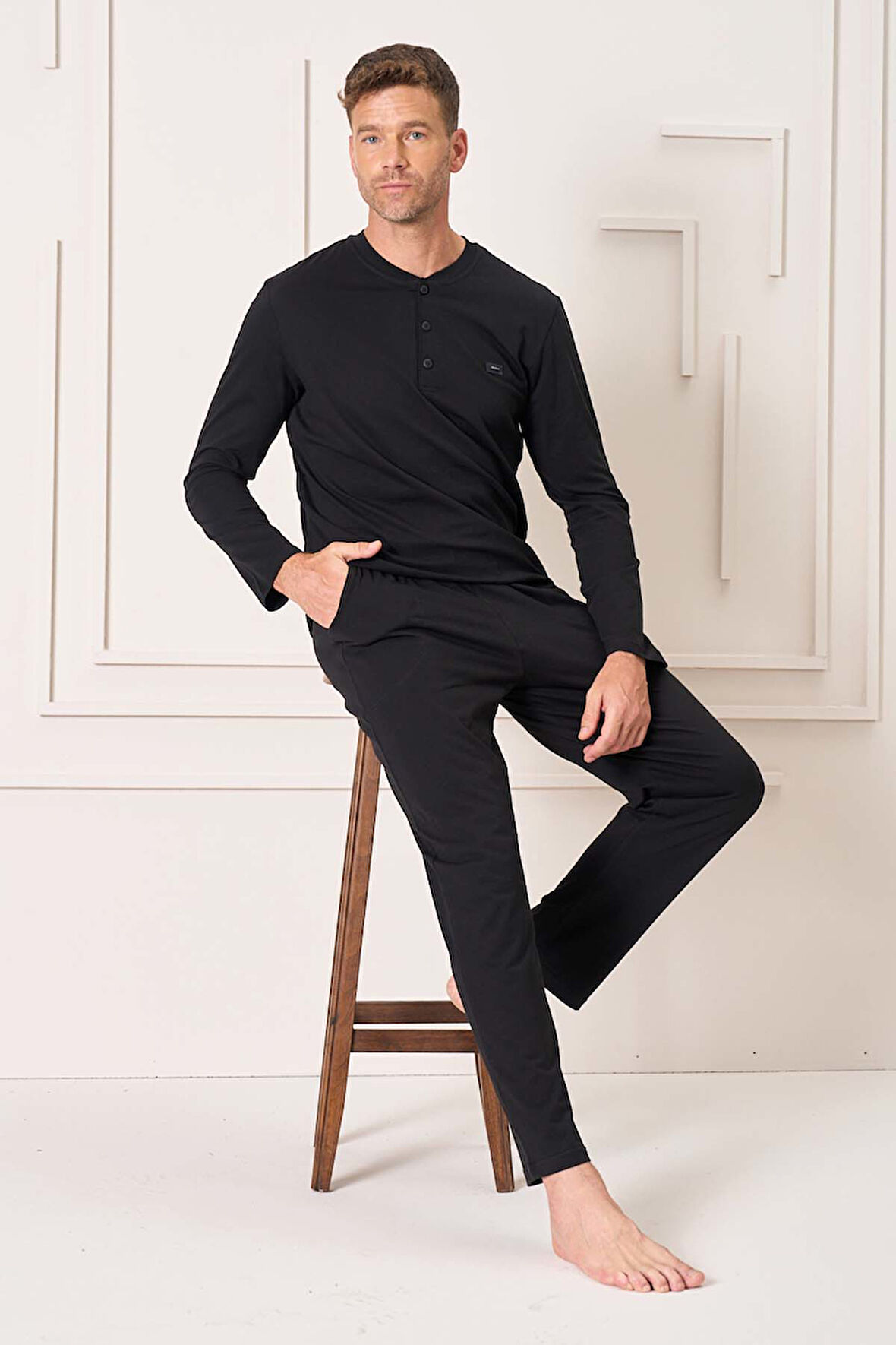 Erkek Pamuk Uzun Kol Pijama Takımı 4110 Siyah01 | M