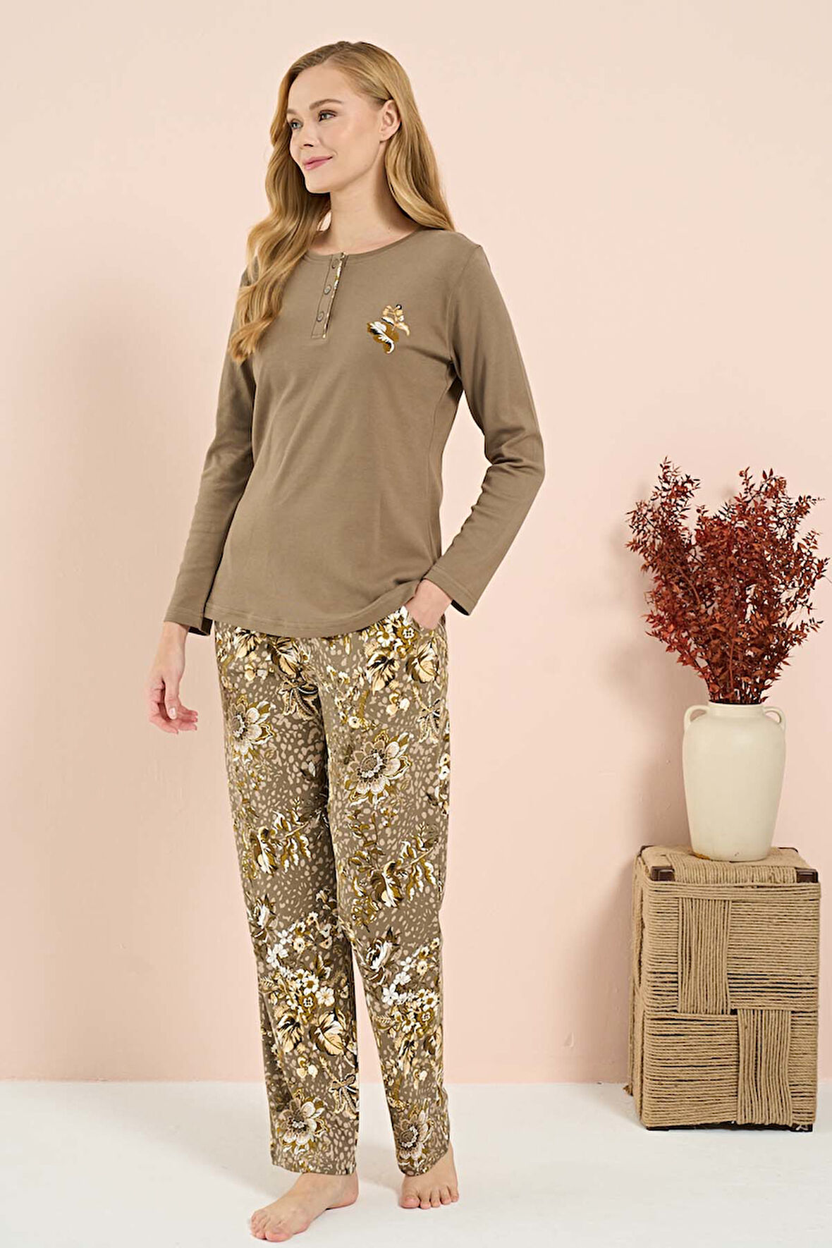 Kadın Penye Uzun Kol Pijama Takımı 3210 Haki | L