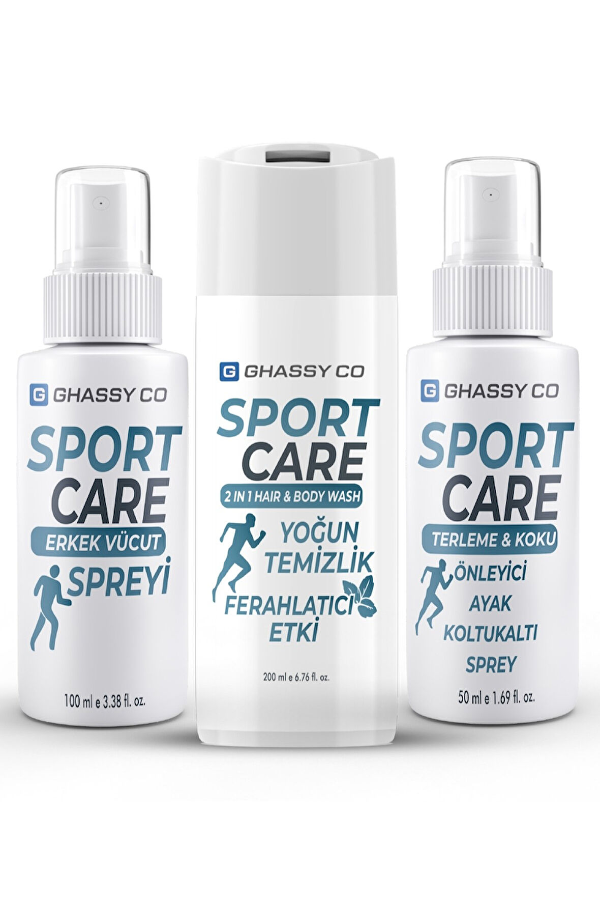 GHASSY CO. 3'lü Sport Bakım Seti – 2in1 Saç&Vücut Şampuanı + Vücut Spreyi + Ter Önleyici Sprey
