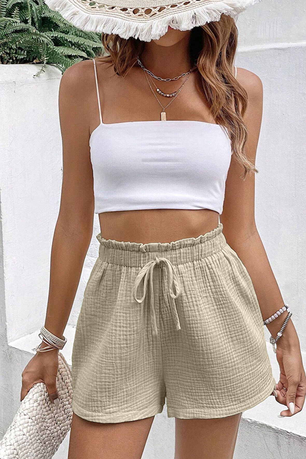 Ghassy Co. Kadın %100 Cotton Müslin Tatil Ev İçi/Dışı Kullanım Cepsiz Beli Bağcıklı Şort