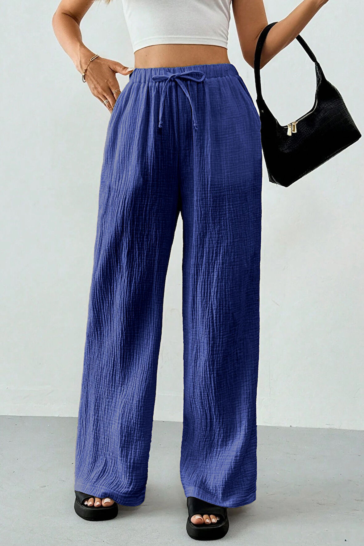 Ghassy Co. Kadın %100 Cotton Müslin Ultra Hafif Palazzo Model Geniş Paça Keten Karışım Pantolon