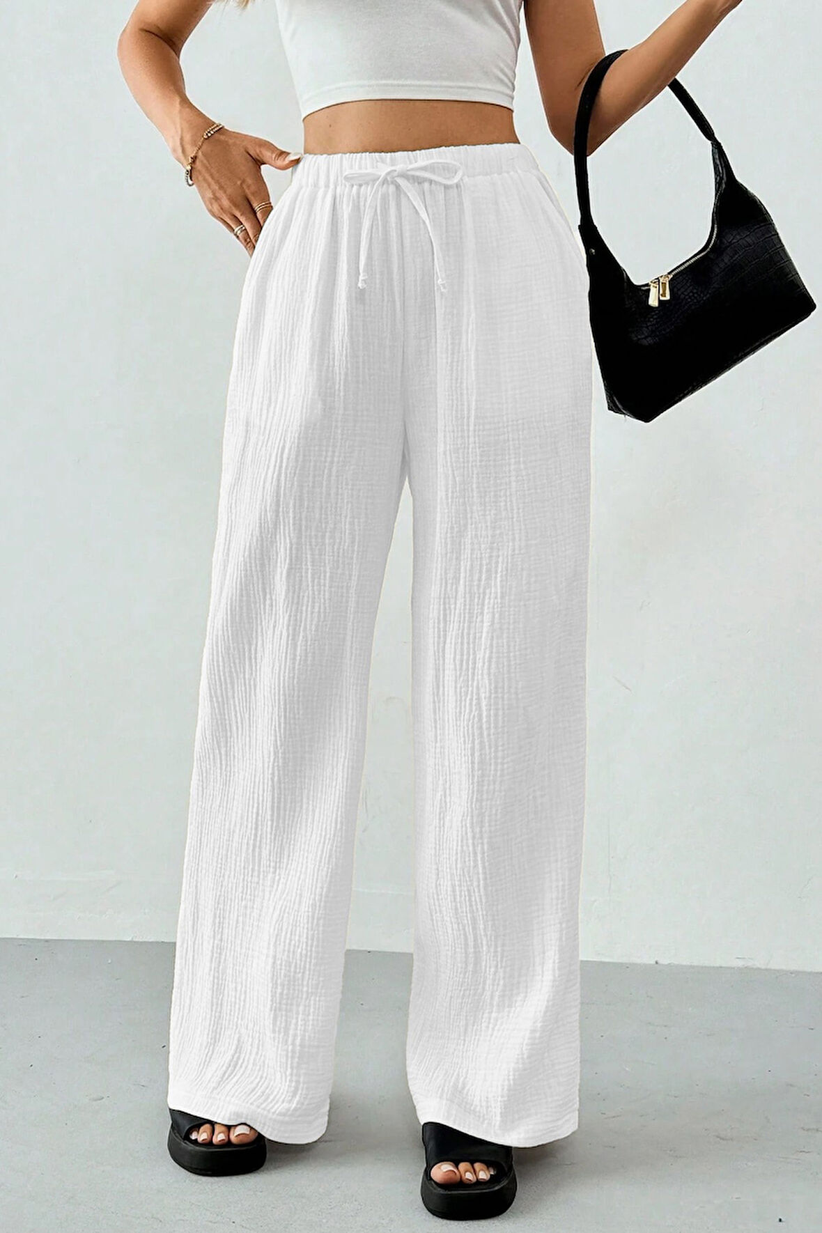 Ghassy Co. Kadın %100 Cotton Müslin Ultra Hafif Palazzo Model Geniş Paça Keten Karışım Pantolon
