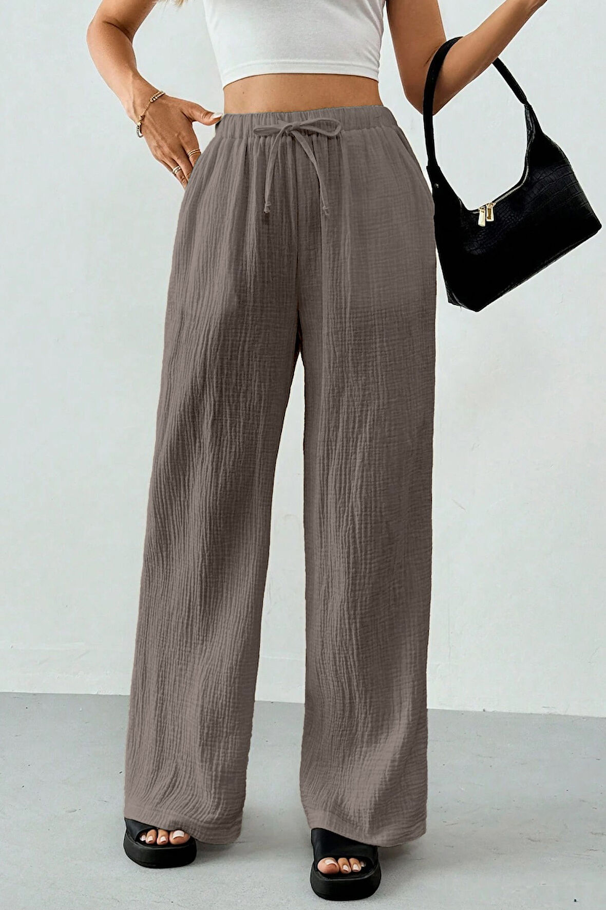 Ghassy Co. Kadın %100 Cotton Müslin Ultra Hafif Palazzo Model Geniş Paça Keten Karışım Pantolon