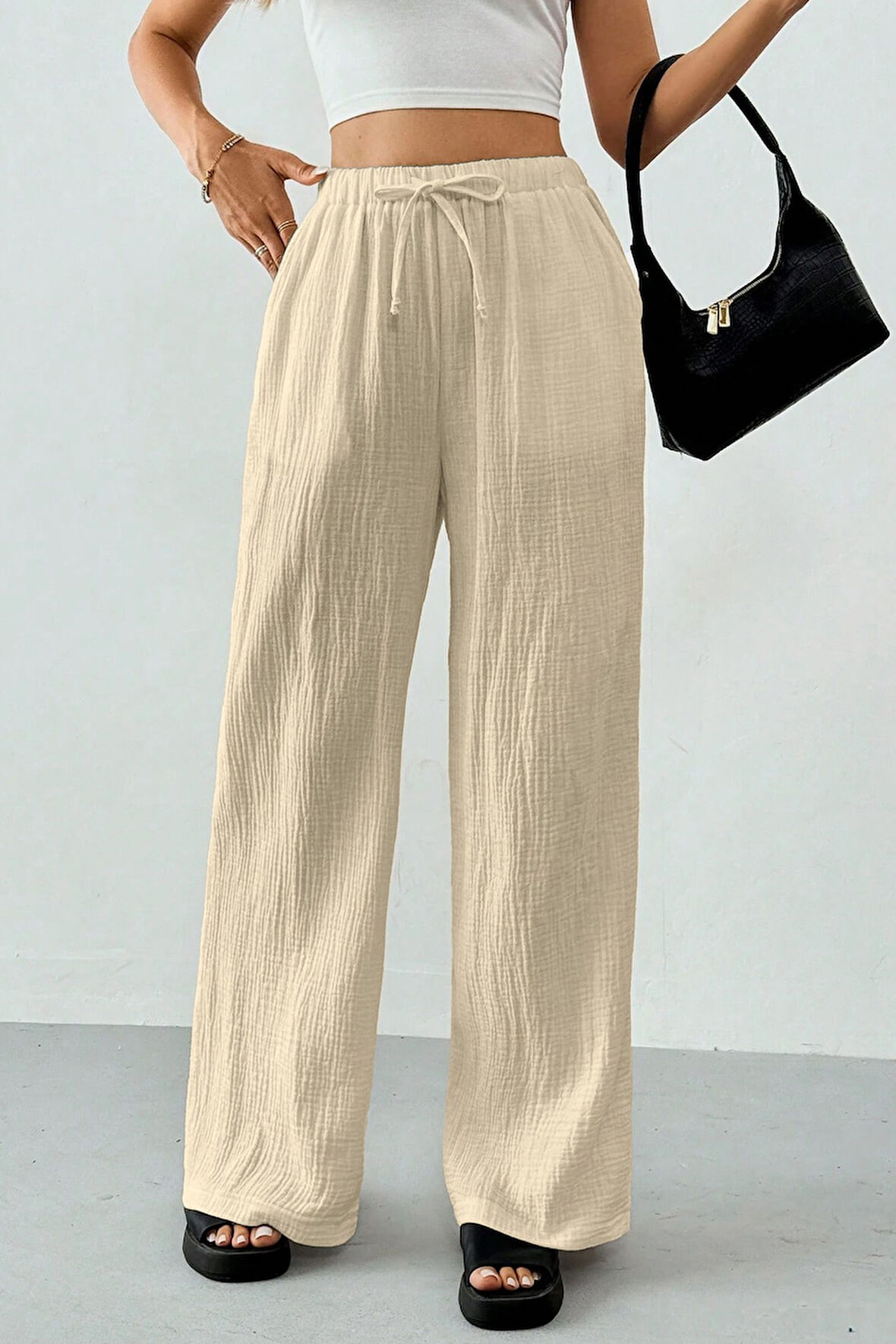 Ghassy Co. Kadın %100 Cotton Müslin Ultra Hafif Palazzo Model Geniş Paça Keten Karışım Pantolon