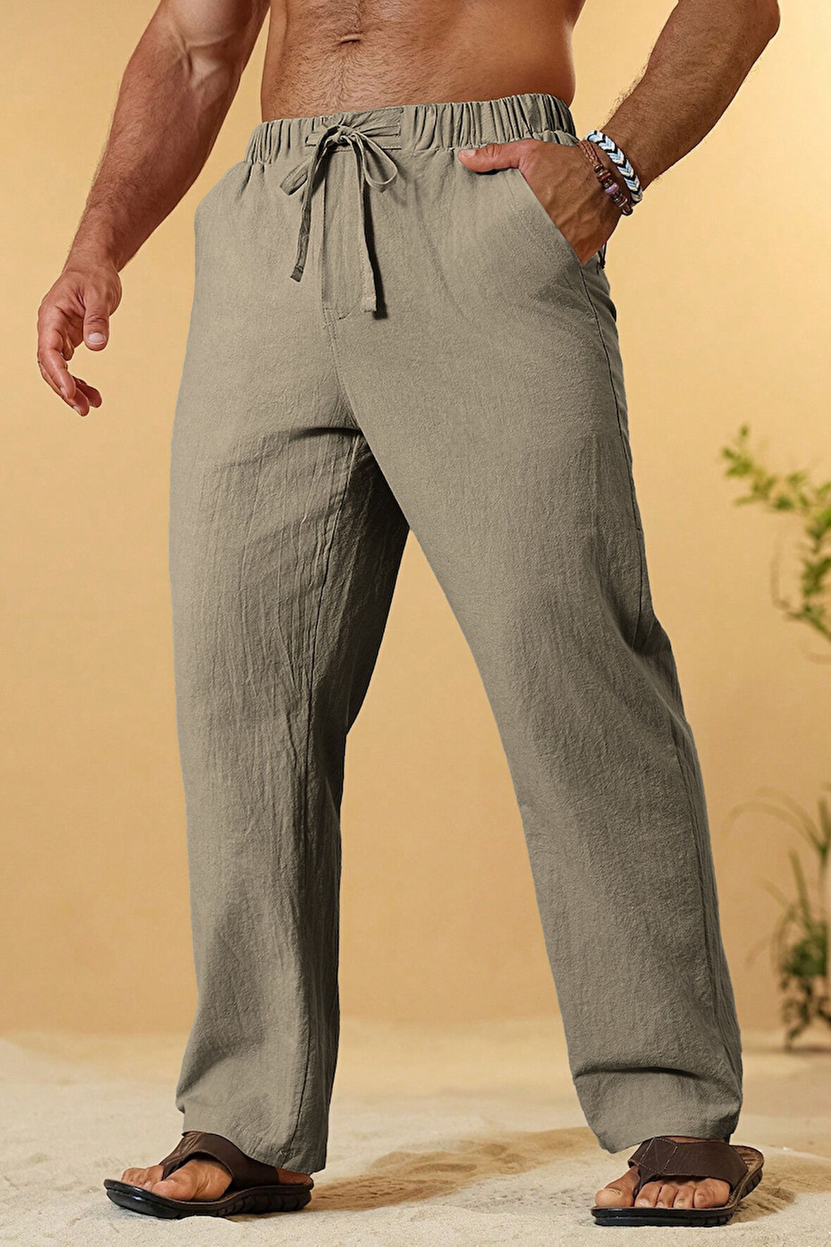 Ghassy Co. Erkek %100 Cotton Muslin Keten Karışım Rahat Ultra Hafif Ev İçi/Dışı Keten Pantolon