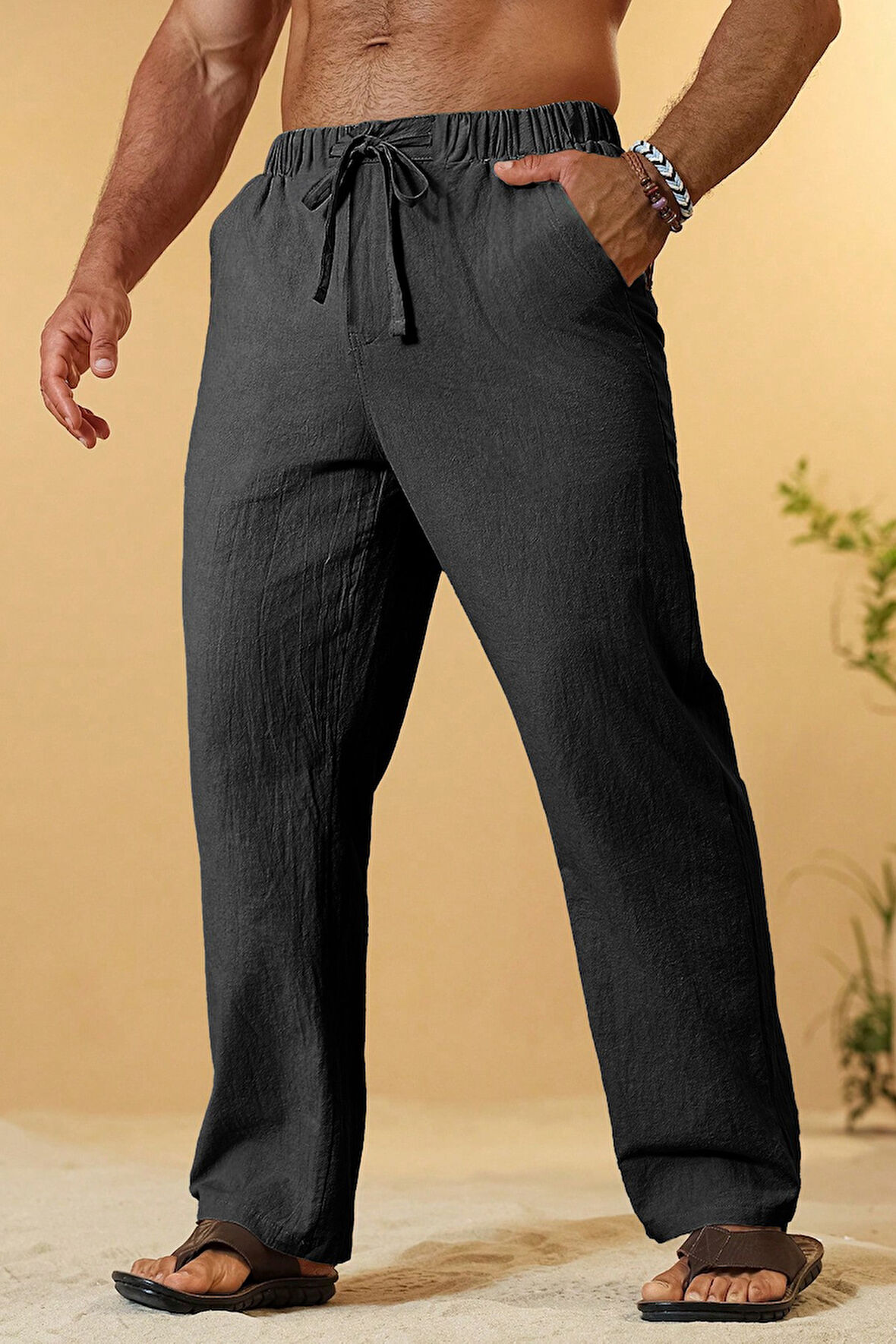 Ghassy Co. Erkek %100 Cotton Muslin Keten Karışım Rahat Ultra Hafif Ev İçi/Dışı Keten Pantolon