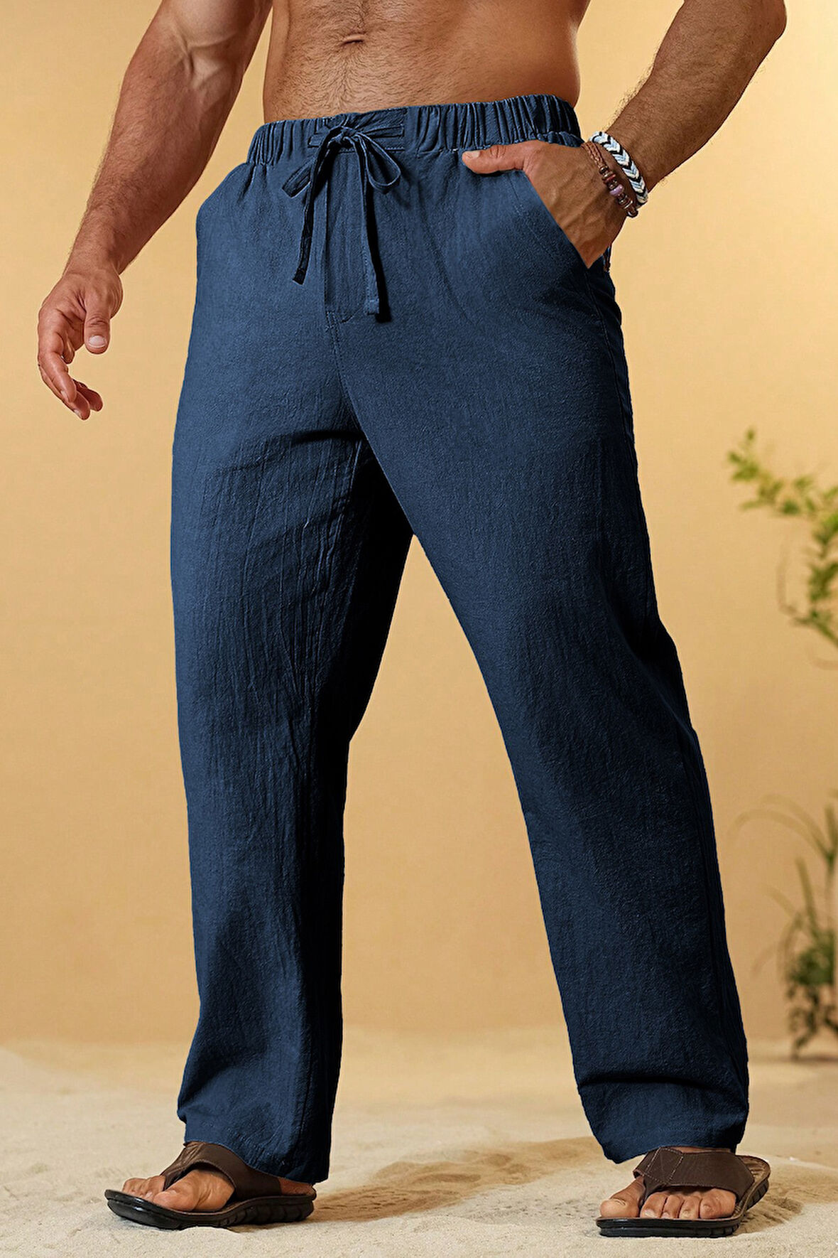 Ghassy Co. Erkek %100 Cotton Muslin Keten Karışım Rahat Ultra Hafif Ev İçi/Dışı Keten Pantolon