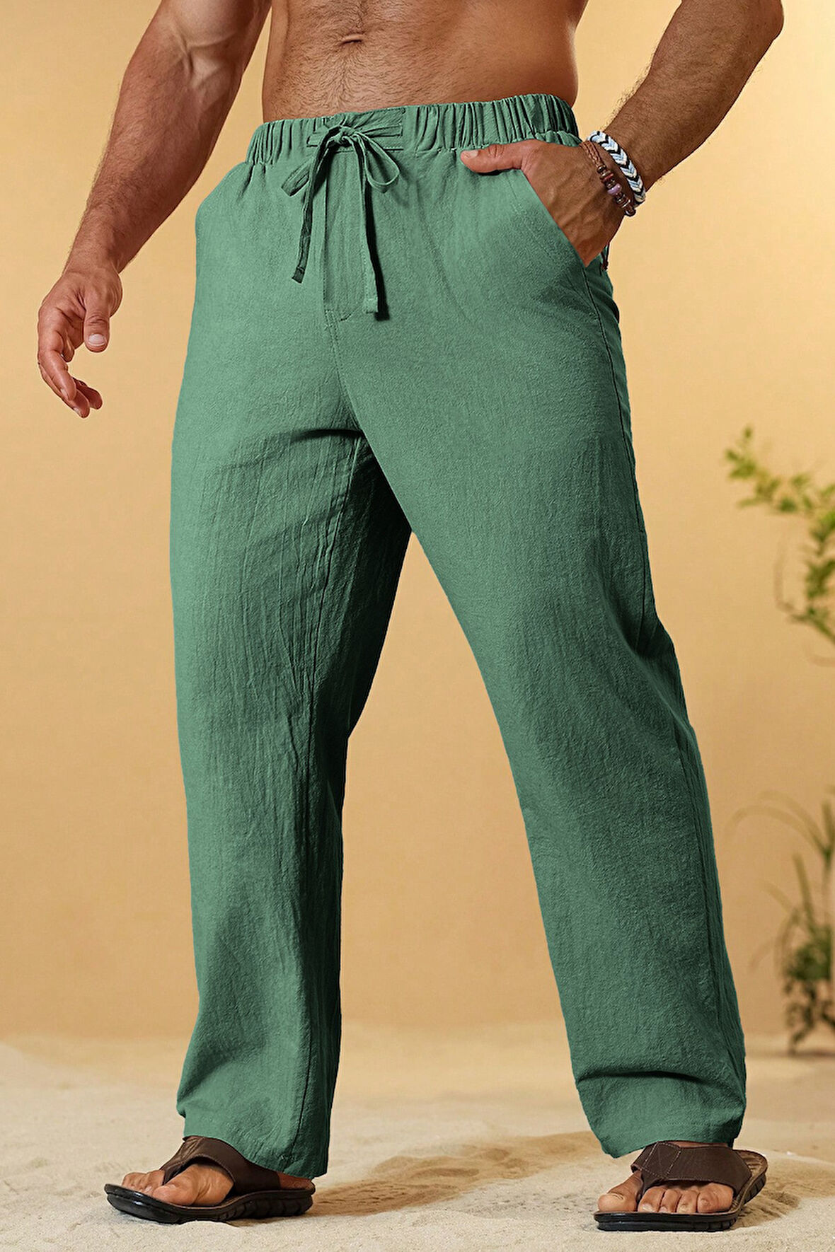 Ghassy Co. Erkek %100 Cotton Muslin Keten Karışım Rahat Ultra Hafif Ev İçi/Dışı Keten Pantolon