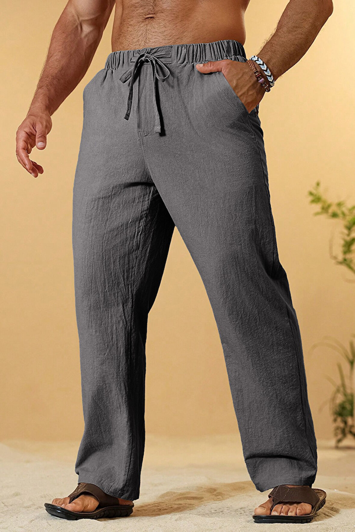 Ghassy Co. Erkek %100 Cotton Muslin Keten Karışım Rahat Ultra Hafif Ev İçi/Dışı Keten Pantolon