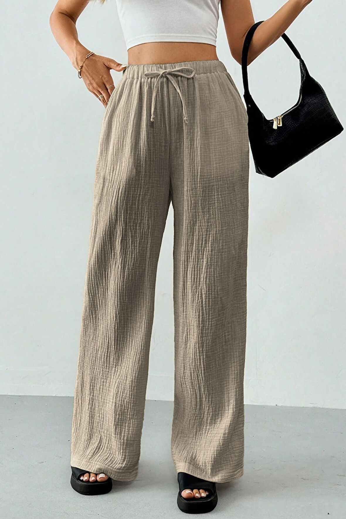 Ghassy Co. Kadın %100 Cotton Müslin Ultra Hafif Palazzo Model Geniş Paça Keten Karışım Pantolon