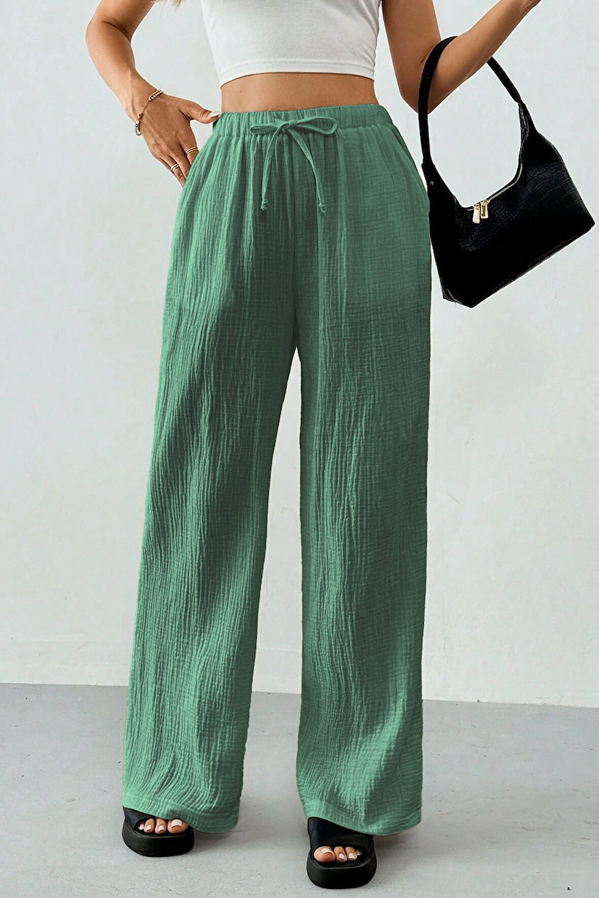 Ghassy Co. Kadın %100 Cotton Müslin Ultra Hafif Palazzo Model Geniş Paça Keten Karışım Pantolon