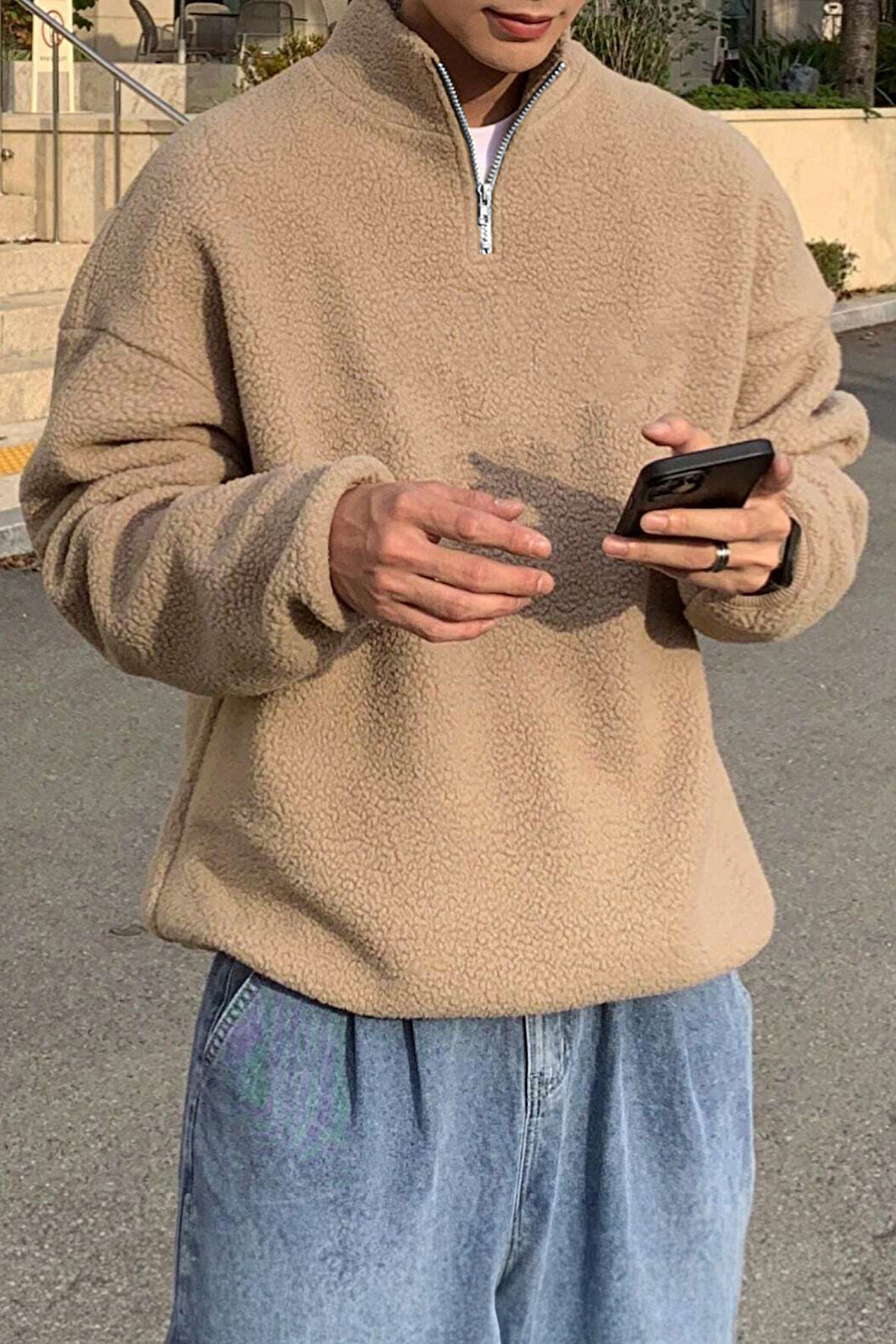 Ghassy Co. Erkek Ultra Isı Peluş Sherpa Oversize Yarım Metal Fermuar Lastik Ayarlı Polar Sweatshirt