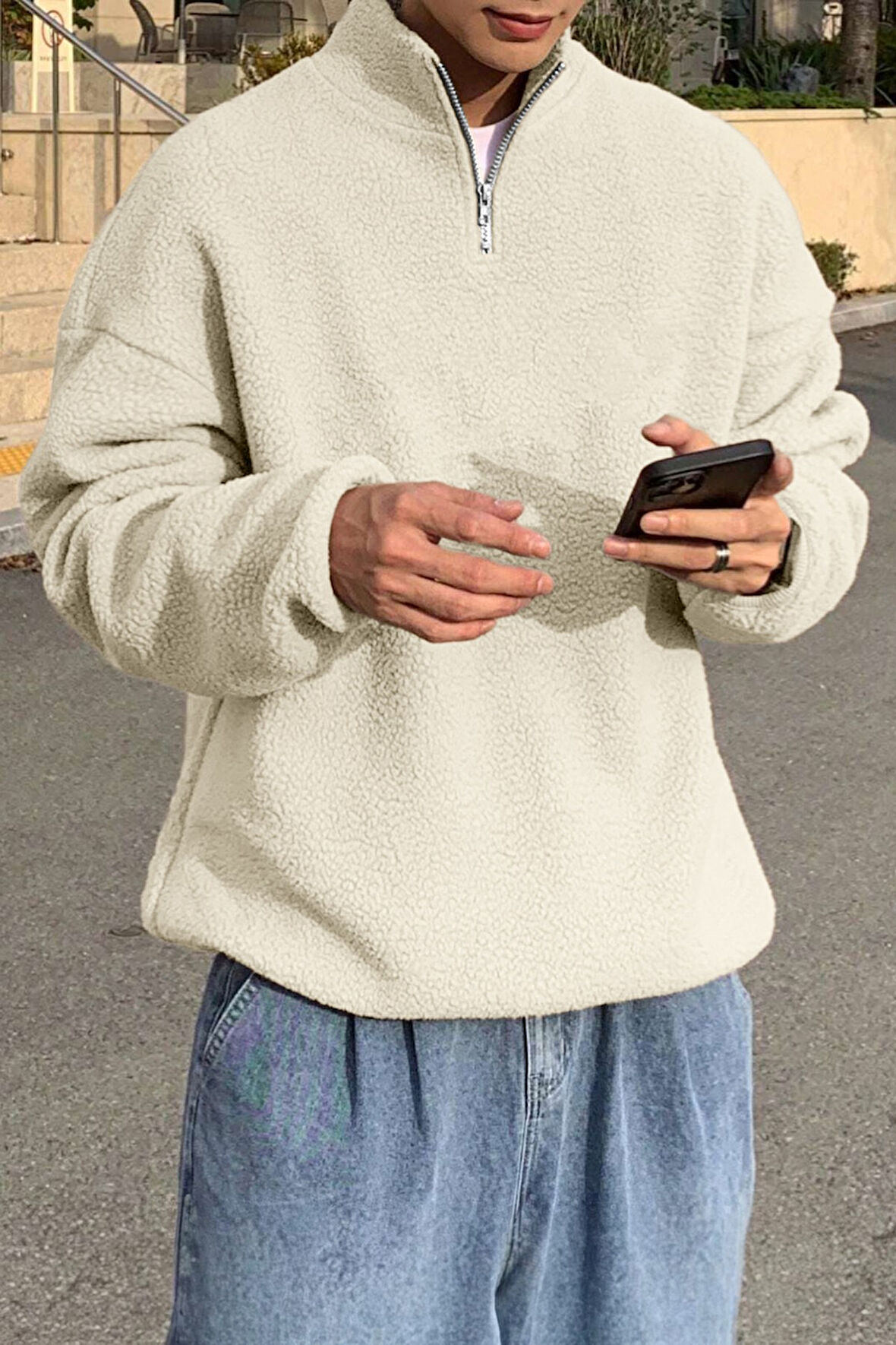 Ghassy Co. Erkek Ultra Isı Peluş Sherpa Oversize Yarım Metal Fermuar Lastik Ayarlı Polar Sweatshirt