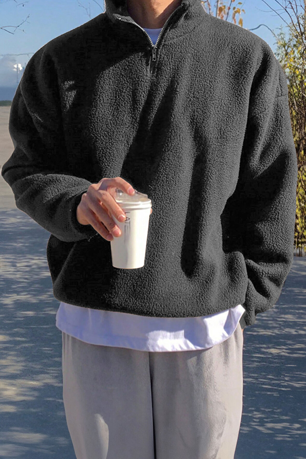 Ghassy Co. Erkek Ultra Isı Peluş Sherpa Oversize Yarım Metal Fermuar Lastik Ayarlı Polar Sweatshirt