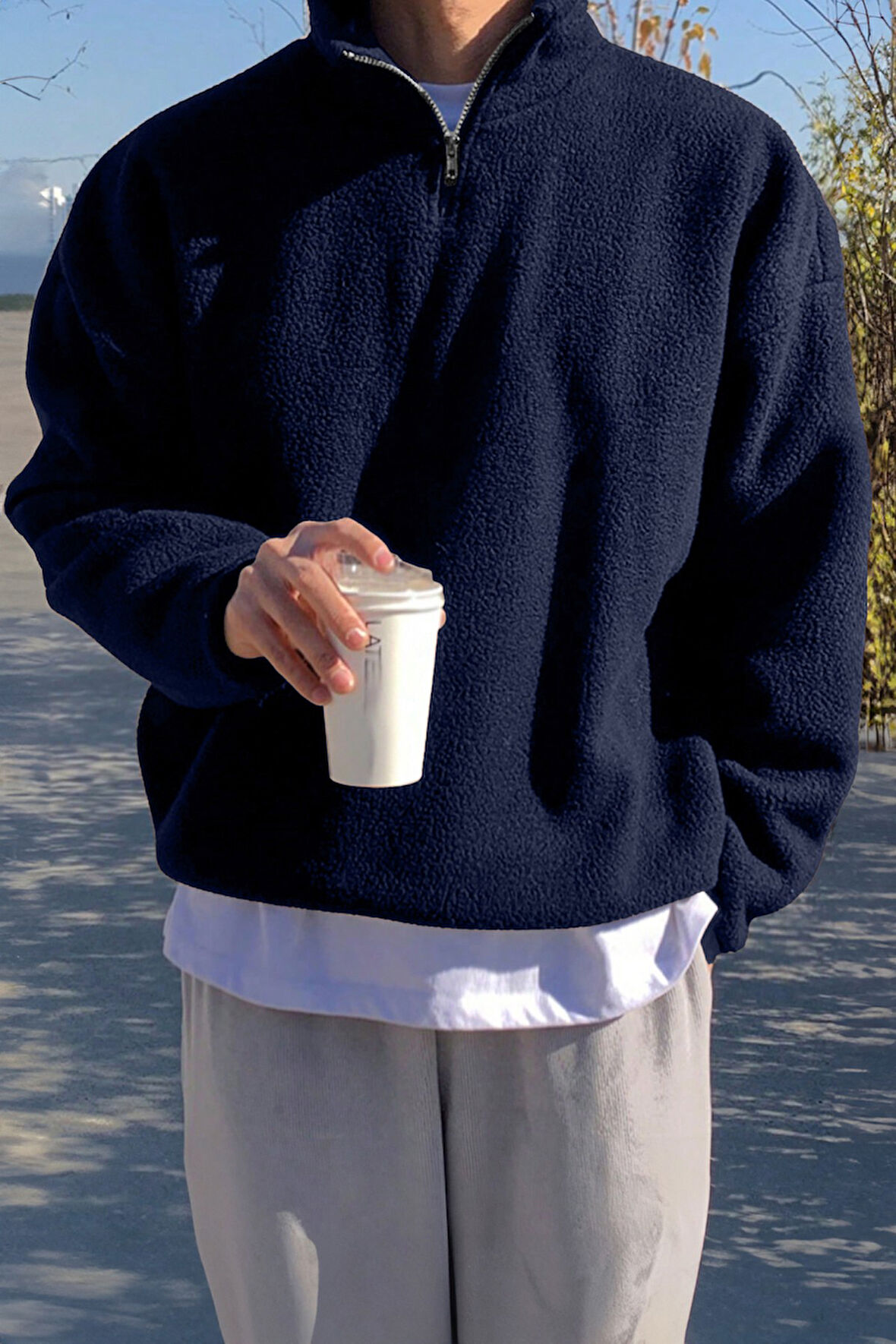 Ghassy Co. Erkek Ultra Isı Peluş Sherpa Oversize Yarım Metal Fermuar Lastik Ayarlı Polar Sweatshirt