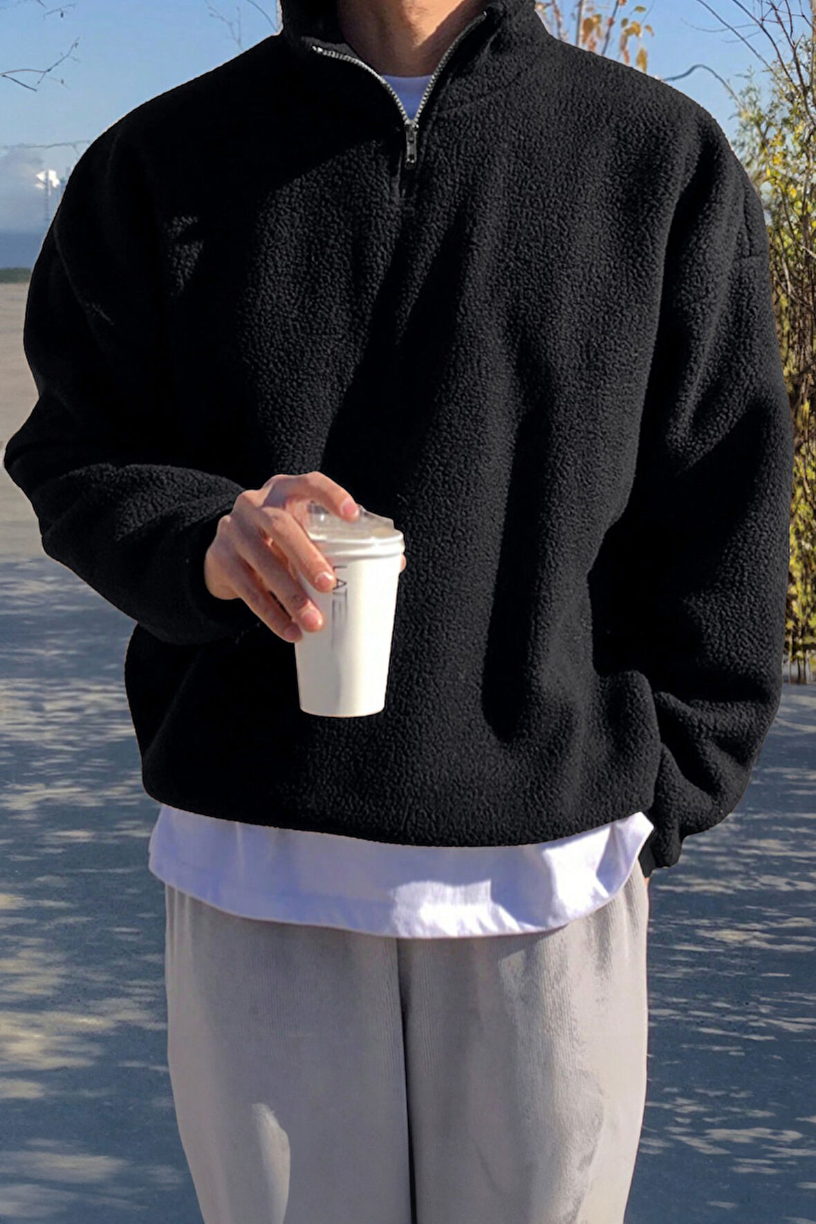 Ghassy Co. Erkek Ultra Isı Peluş Sherpa Oversize Yarım Metal Fermuar Lastik Ayarlı Polar Sweatshirt