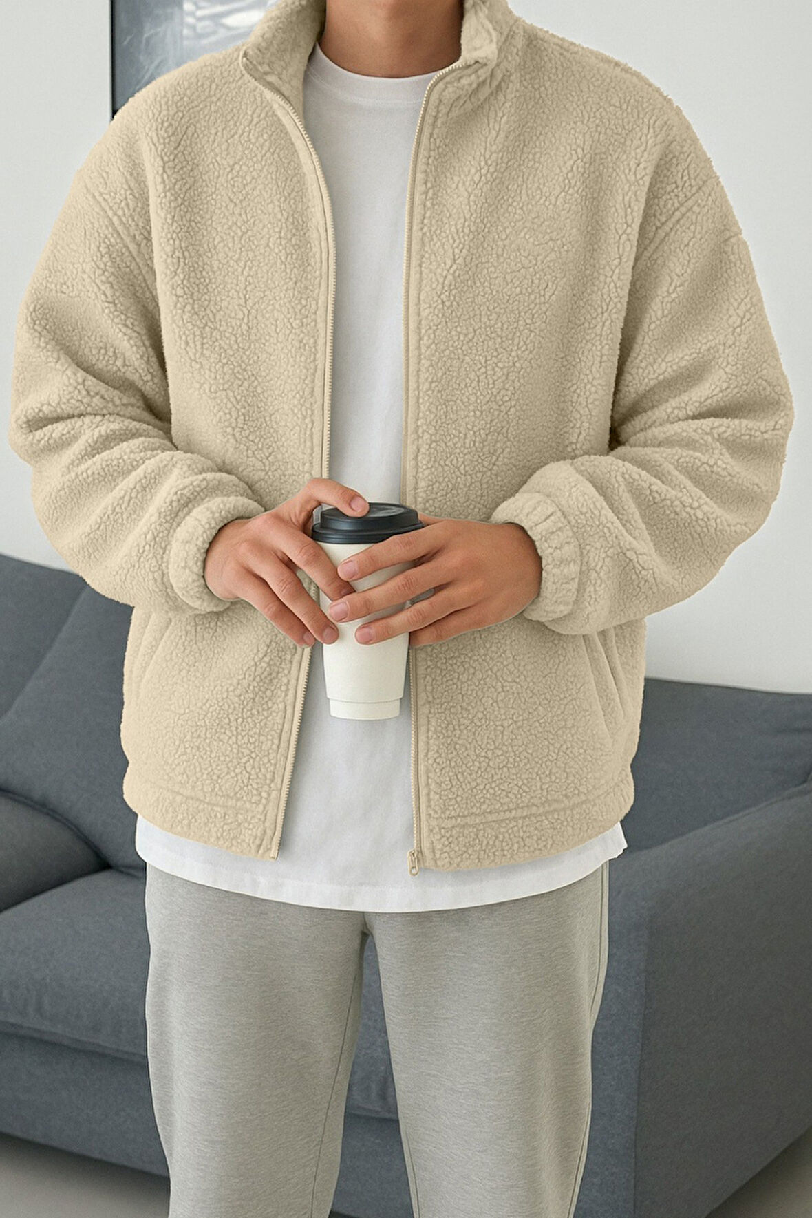 Ghassy Co. Erkek Isı Termal İç Dış Sherpa Sonbahar Kış Tam Fermuarlı Peluş Polar Sweatshirt