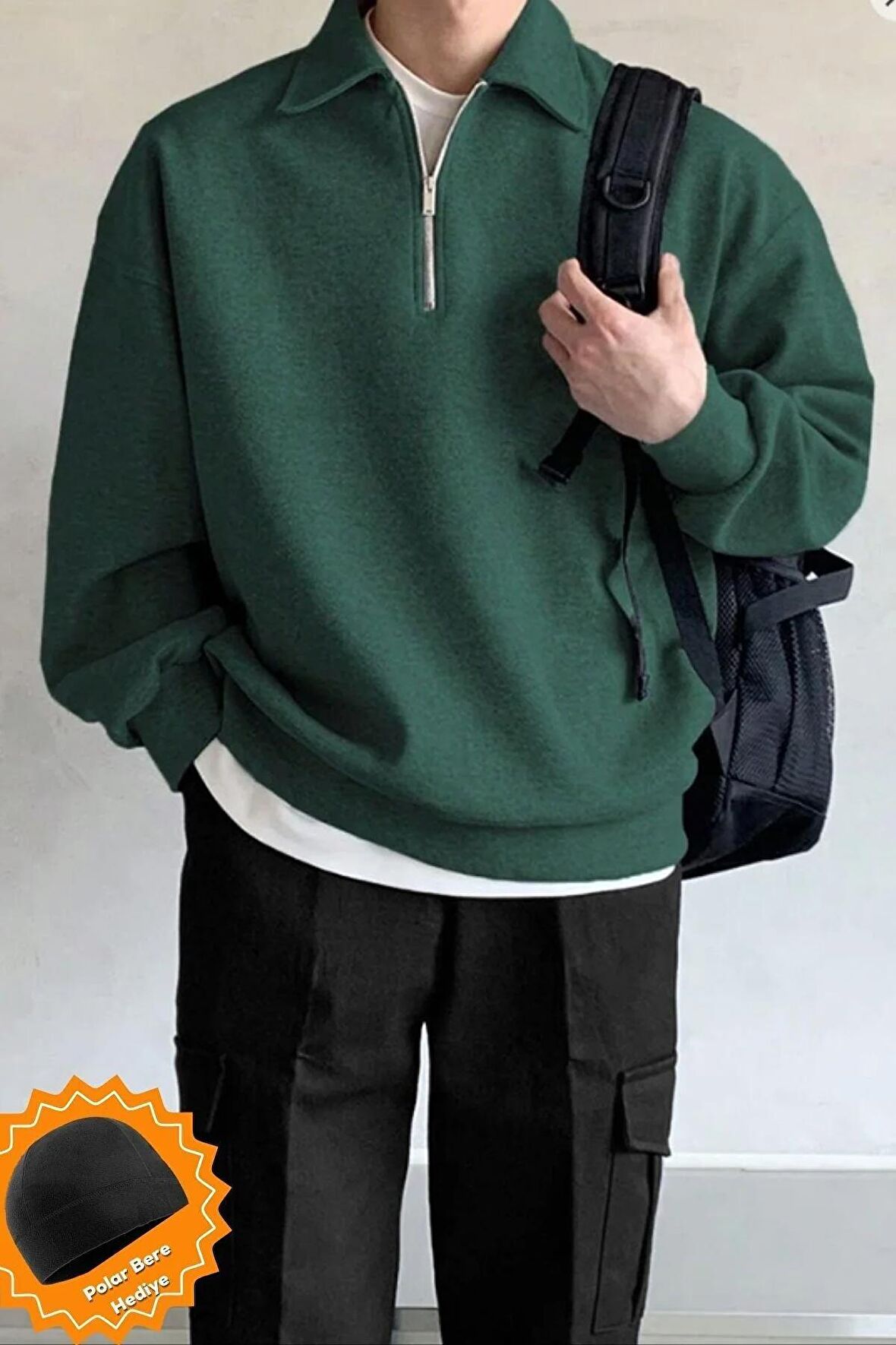 Ghassy Co. Erkek Polo Yaka Oversize Yarım Fermuarlı Sweatshirt