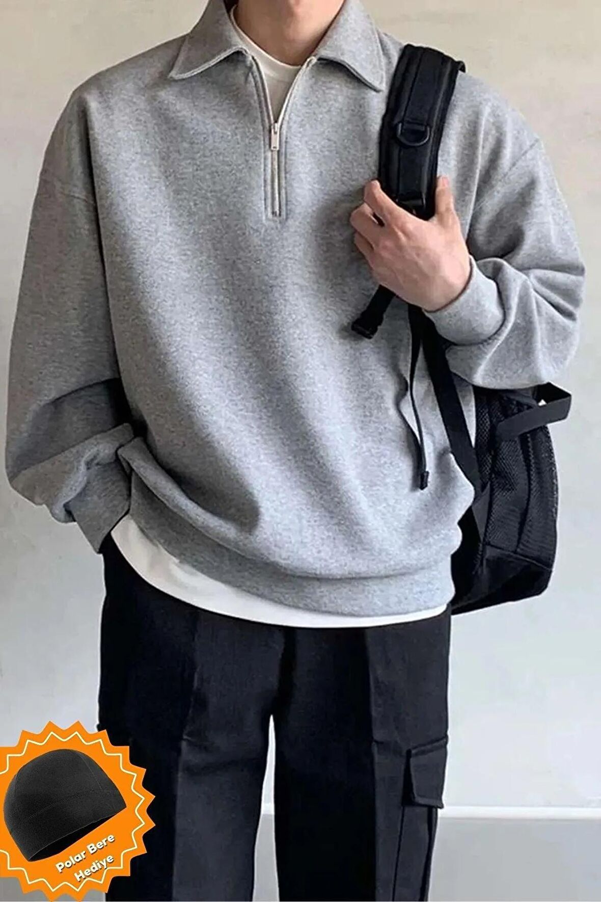 Ghassy Co. Erkek Polo Yaka Oversize Yarım Fermuarlı Sweatshirt