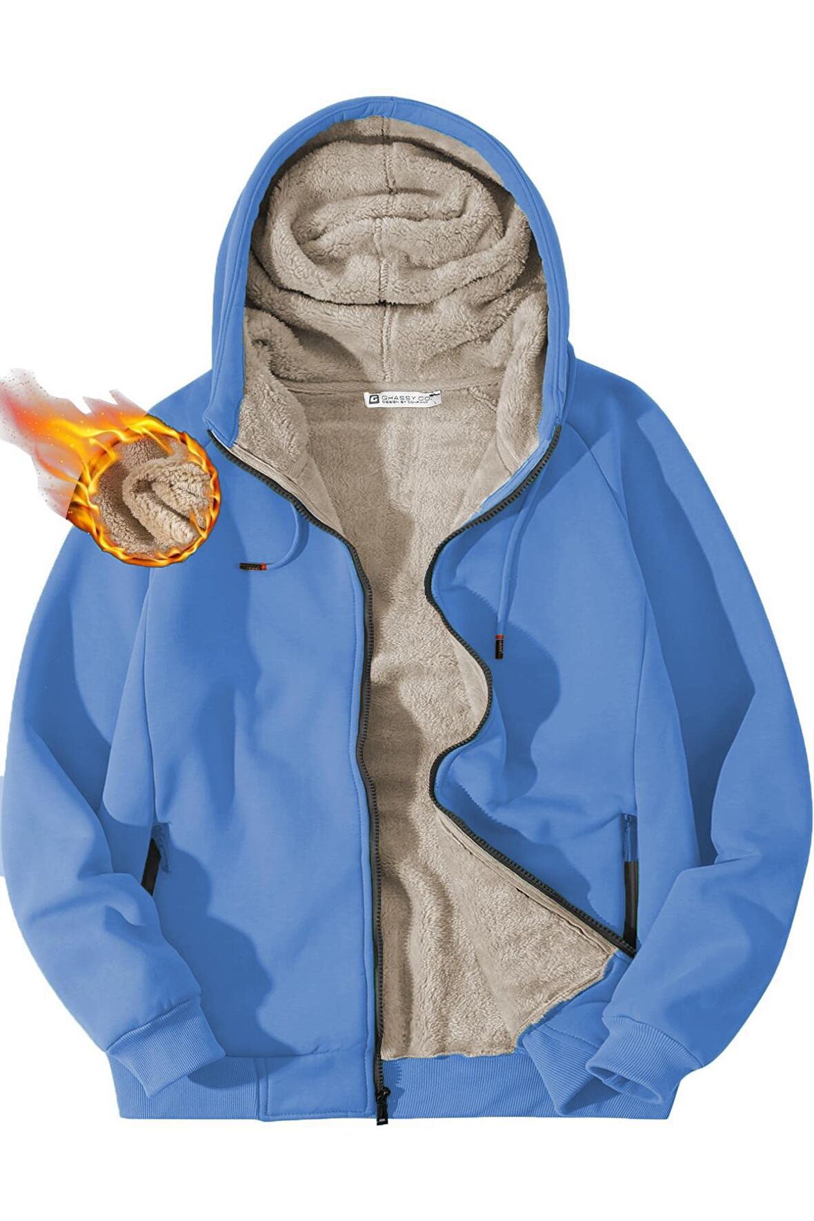 Ghassy Co. Erkek Ultra Termal Sherpa Astarlı Kapüşonlu Fermuarlı Cepli Kışlık Sweatshirt