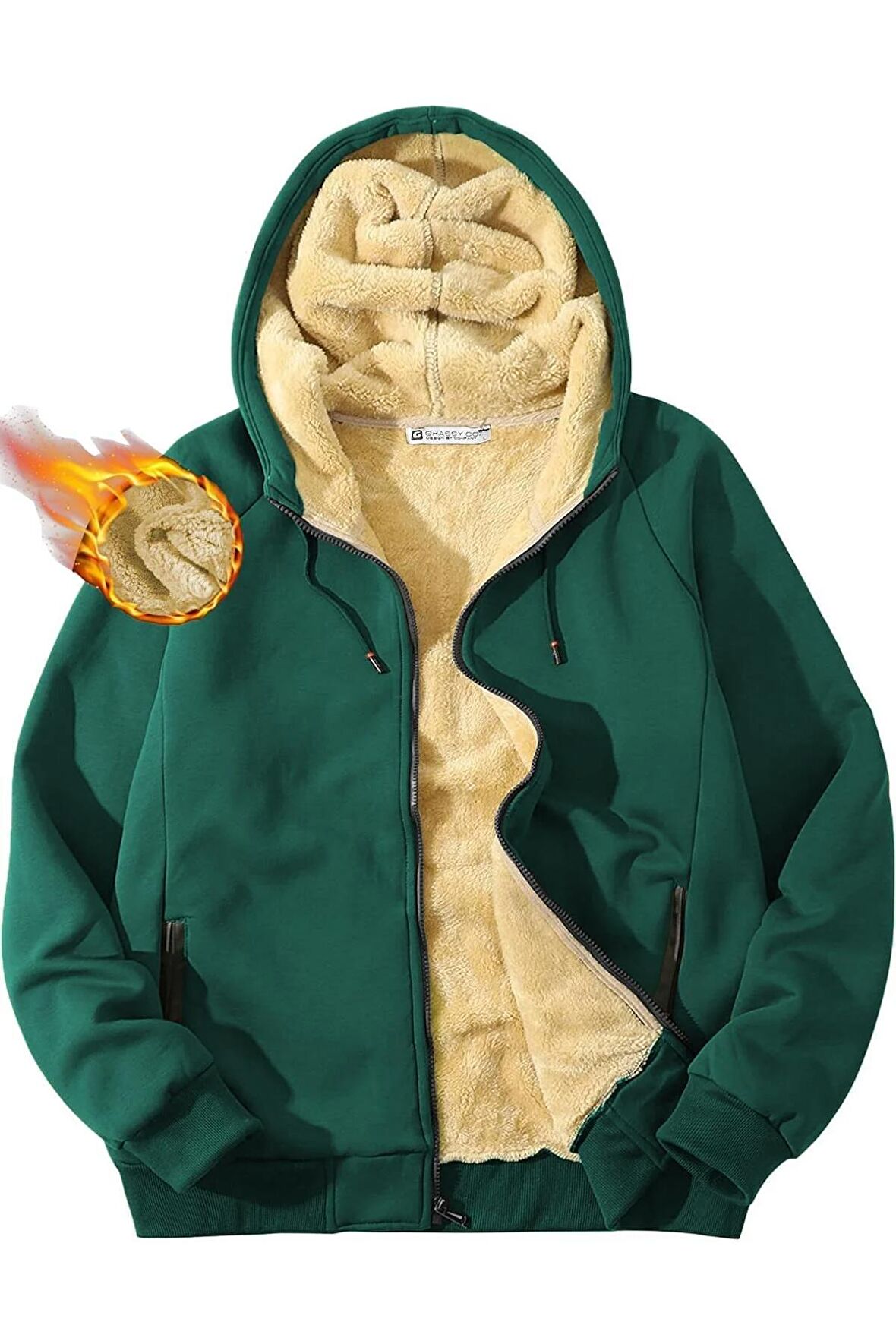 Ghassy Co. Erkek Ultra Termal Sherpa Astarlı Kapüşonlu Fermuarlı Cepli Kışlık Sweatshirt